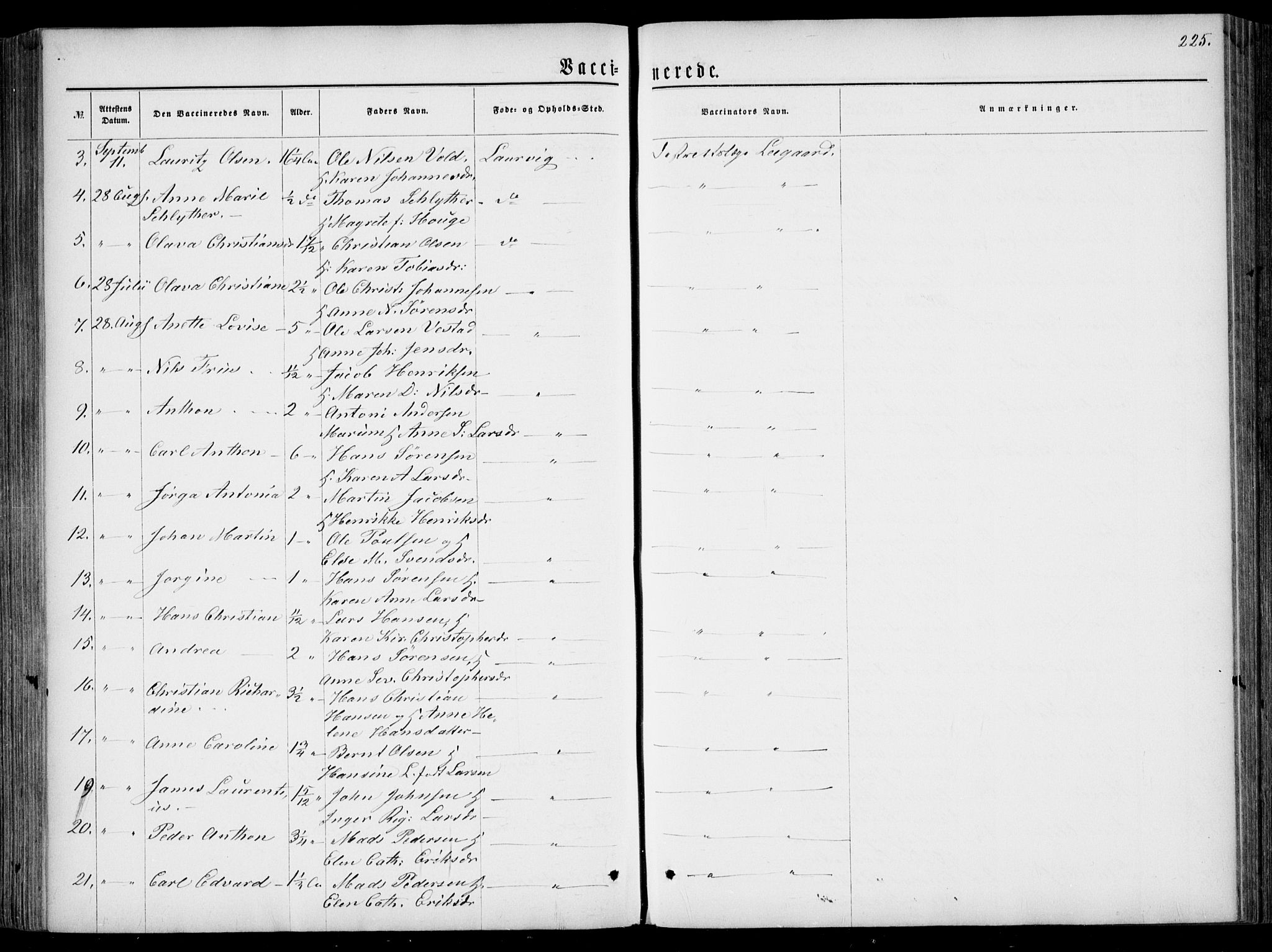 Larvik kirkebøker, AV/SAKO-A-352/F/Fa/L0005: Parish register (official) no. I 5, 1856-1870, p. 225