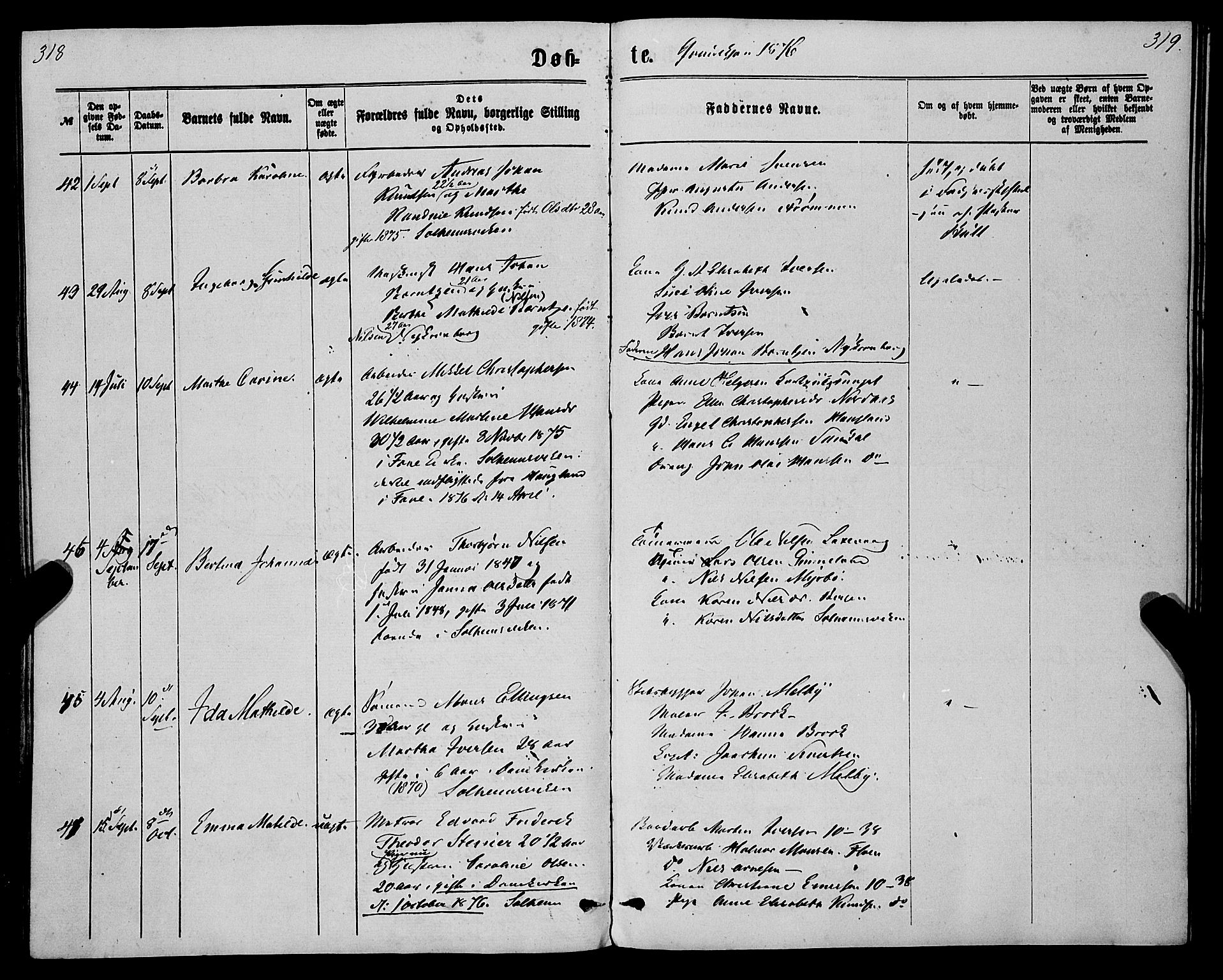 St. Jørgens hospital og Årstad sokneprestembete, AV/SAB-A-99934: Parish register (official) no. A 6, 1870-1878, p. 318-319