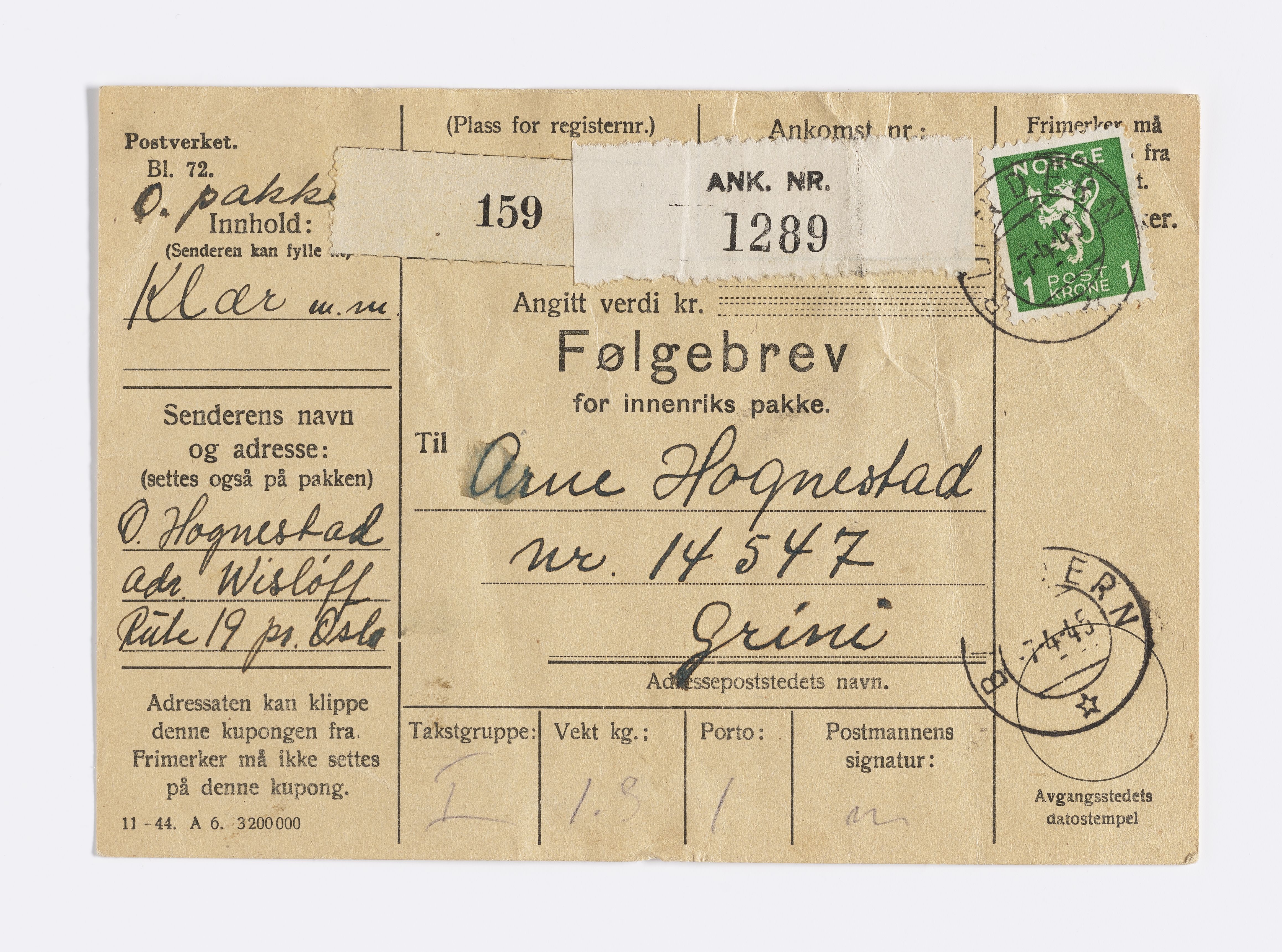 Arne og Randi Hognestad, AFM/GRI-1030/D/Da/L0001/0005: Brev og dokumenter / Følgebrev, 1944-1945