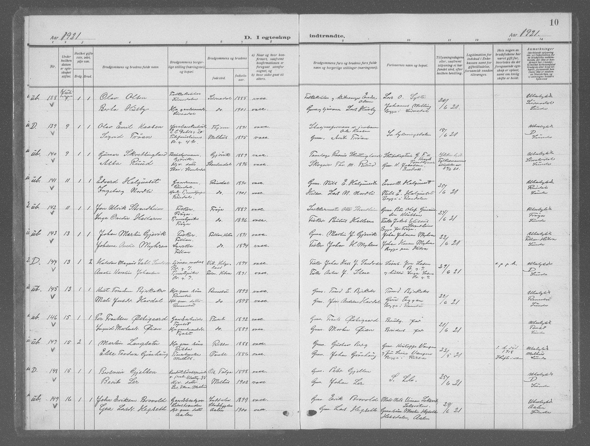 Ministerialprotokoller, klokkerbøker og fødselsregistre - Sør-Trøndelag, SAT/A-1456/601/L0098: Parish register (copy) no. 601C16, 1921-1934, p. 10