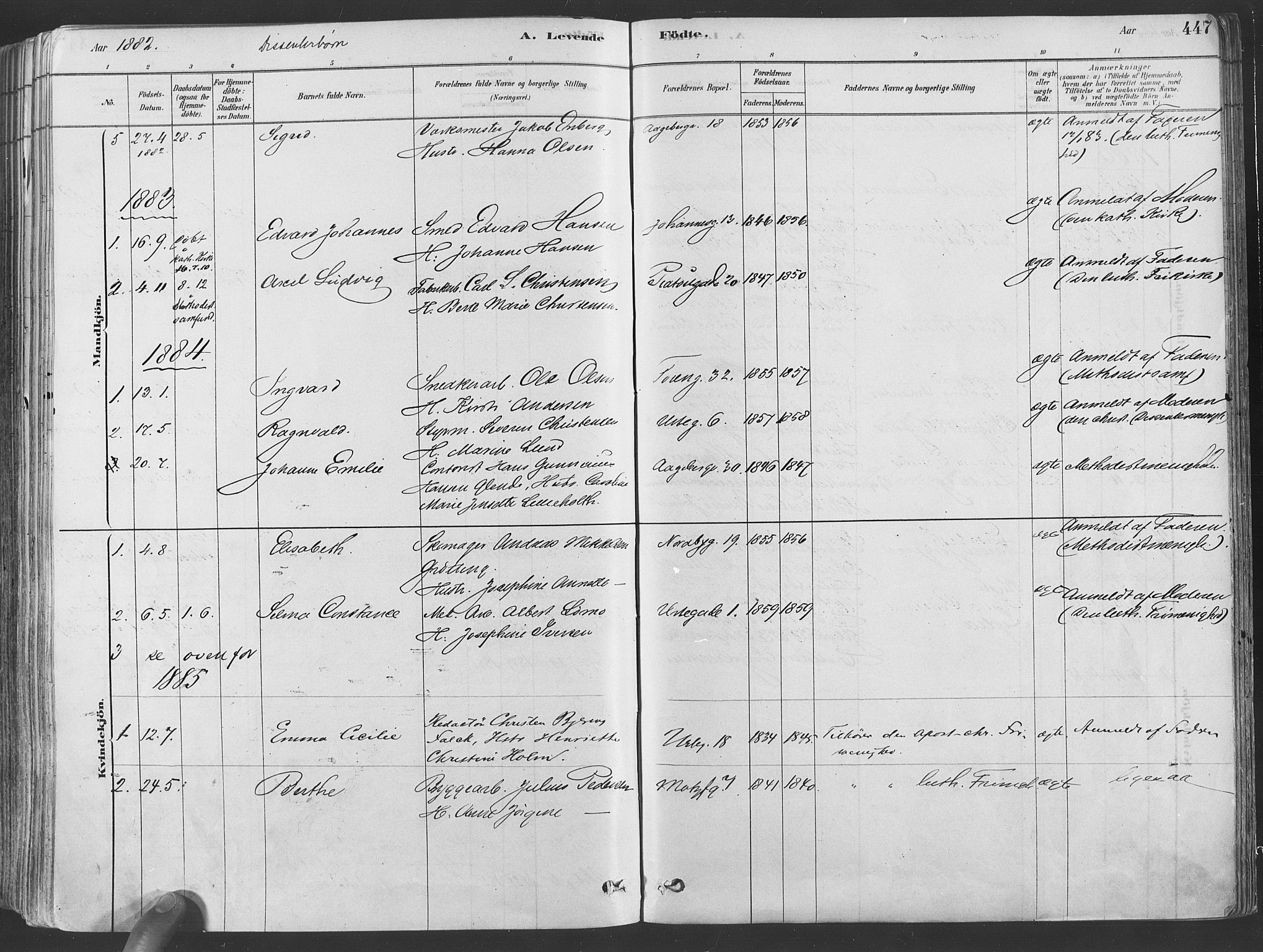 Grønland prestekontor Kirkebøker, SAO/A-10848/F/Fa/L0007: Parish register (official) no. 7, 1878-1888, p. 447