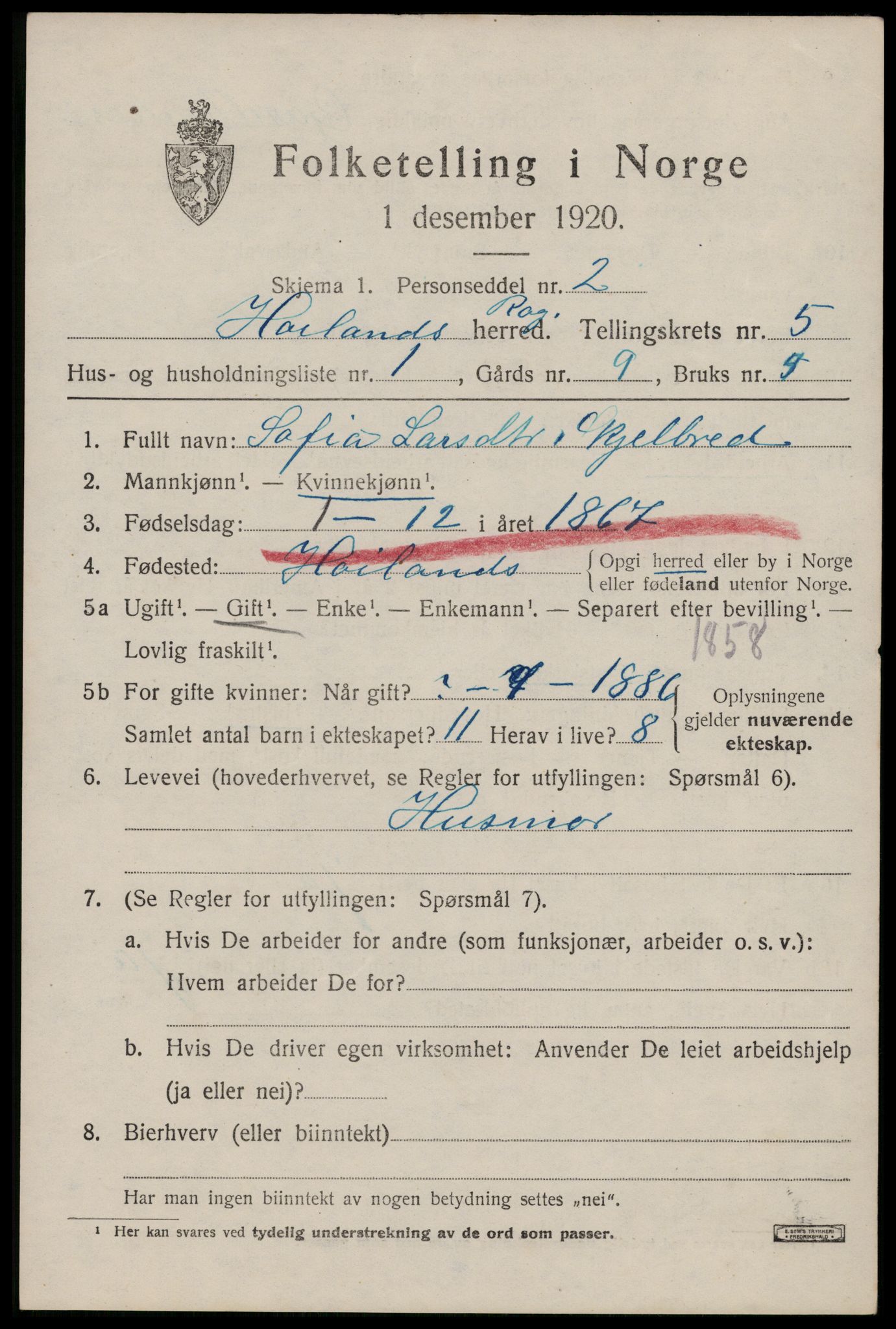 SAST, 1920 census for Høyland, 1920, p. 3722