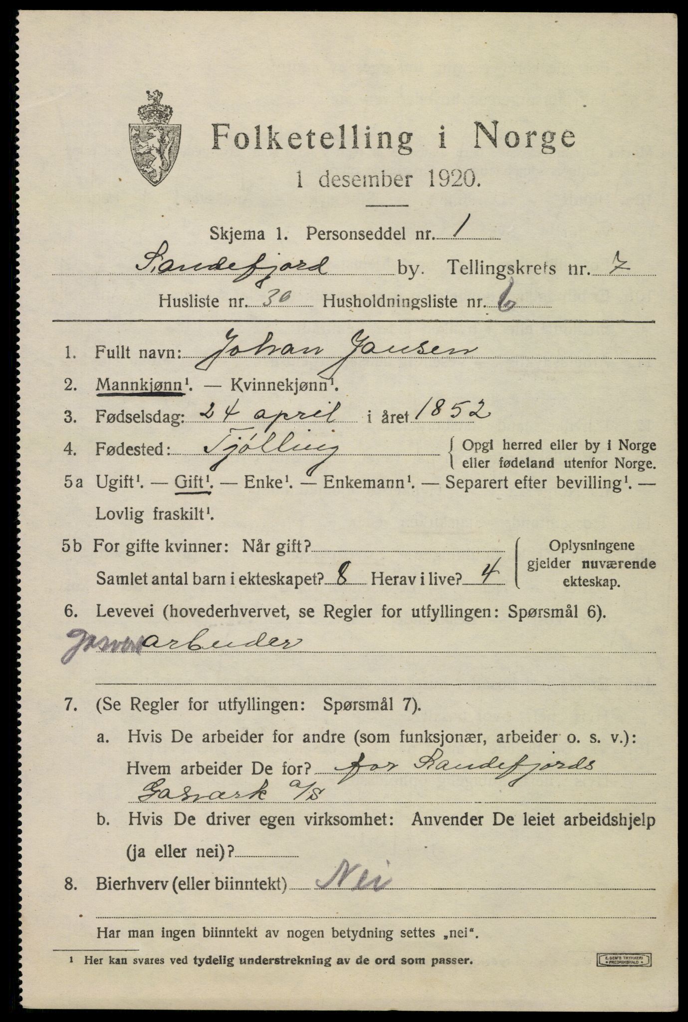 SAKO, 1920 census for Sandefjord, 1920, p. 11098