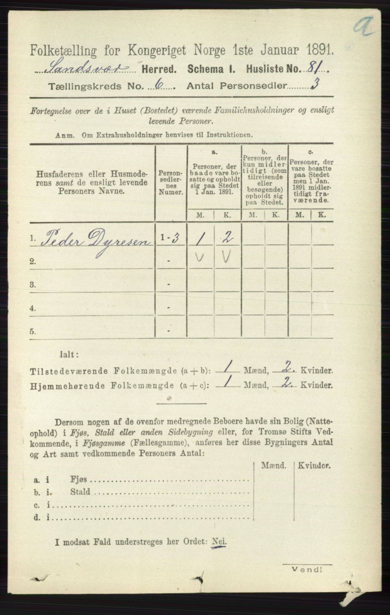 RA, 1891 census for 0629 Sandsvær, 1891, p. 3384