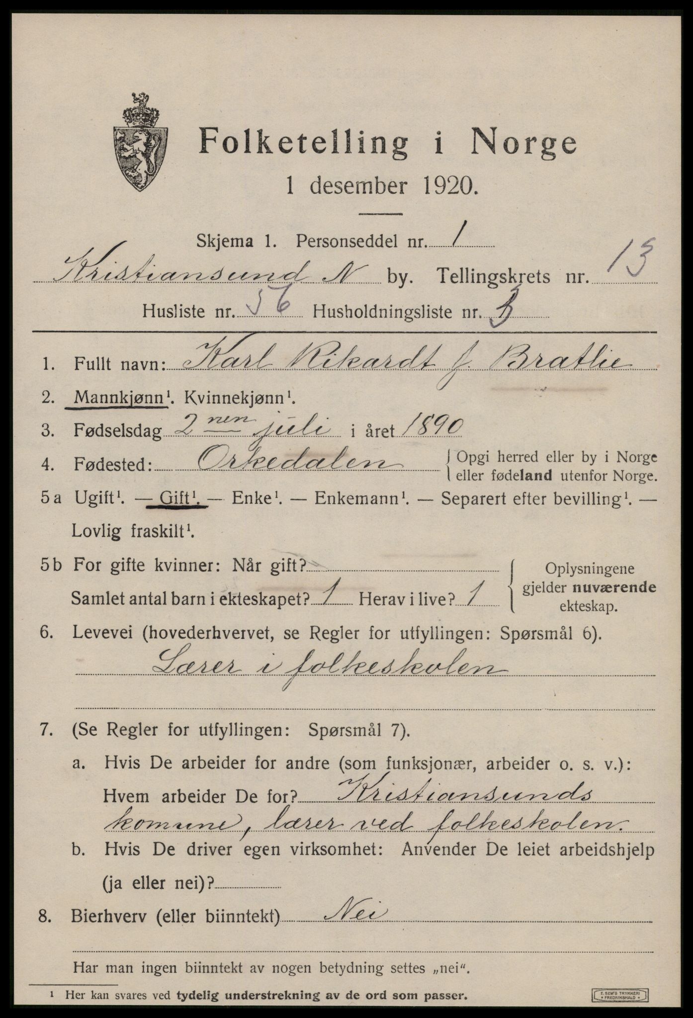 SAT, 1920 census for Kristiansund, 1920, p. 28129