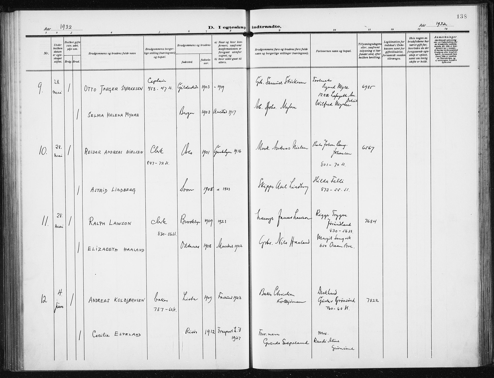 Den norske sjømannsmisjon i utlandet/New York, AV/SAB-SAB/PA-0110/H/Ha/L0008: Parish register (official) no. A 8, 1923-1935, p. 138