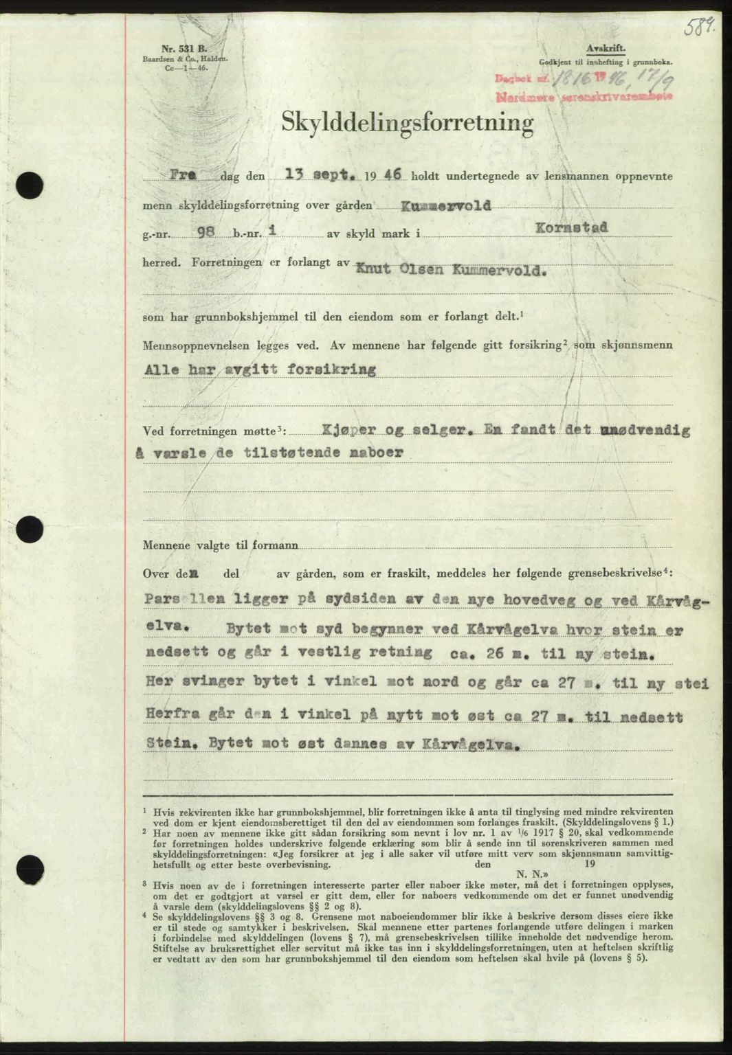 Nordmøre sorenskriveri, AV/SAT-A-4132/1/2/2Ca: Mortgage book no. A102, 1946-1946, Diary no: : 1816/1946