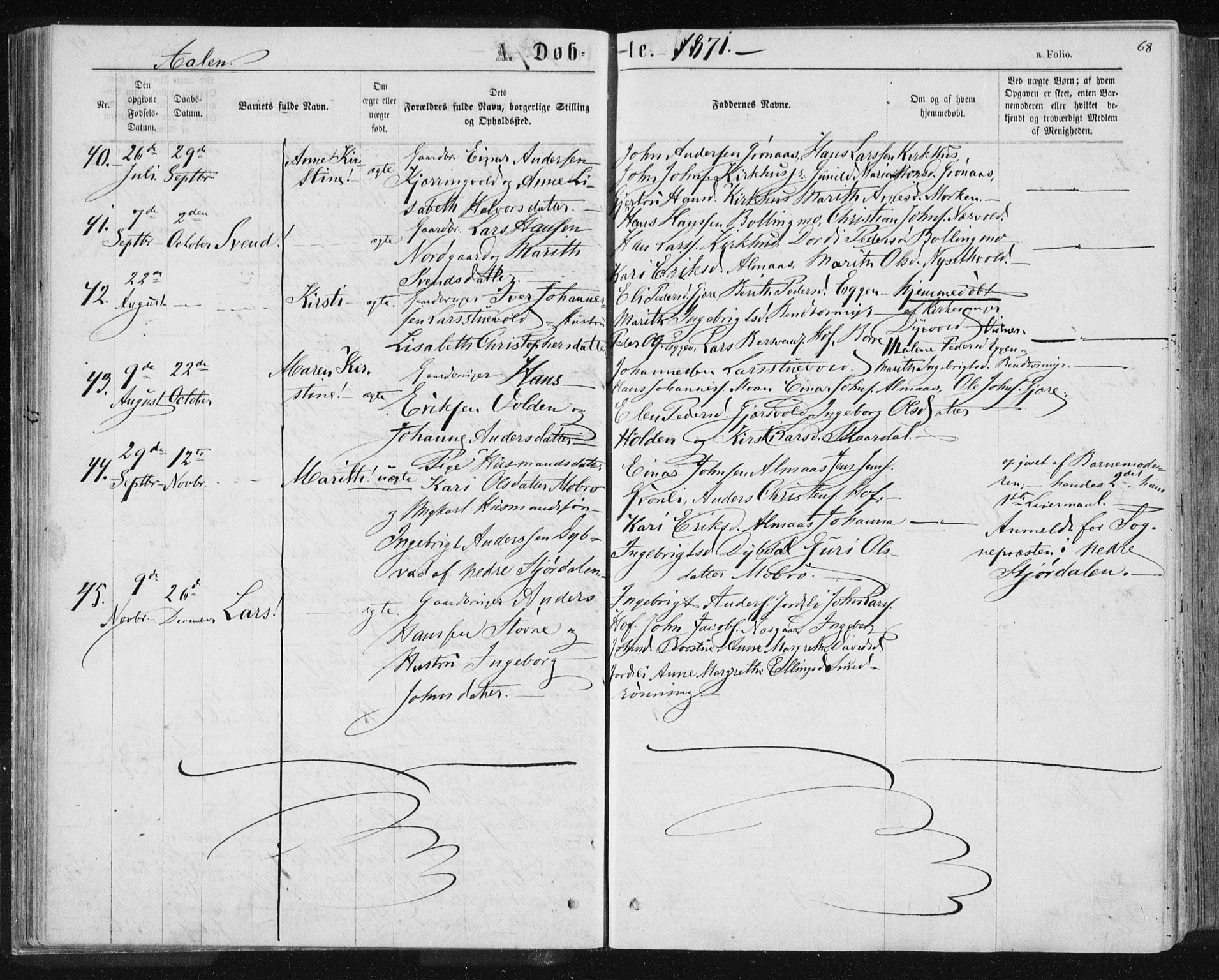 Ministerialprotokoller, klokkerbøker og fødselsregistre - Sør-Trøndelag, SAT/A-1456/685/L0971: Parish register (official) no. 685A08 /3, 1870-1879, p. 68