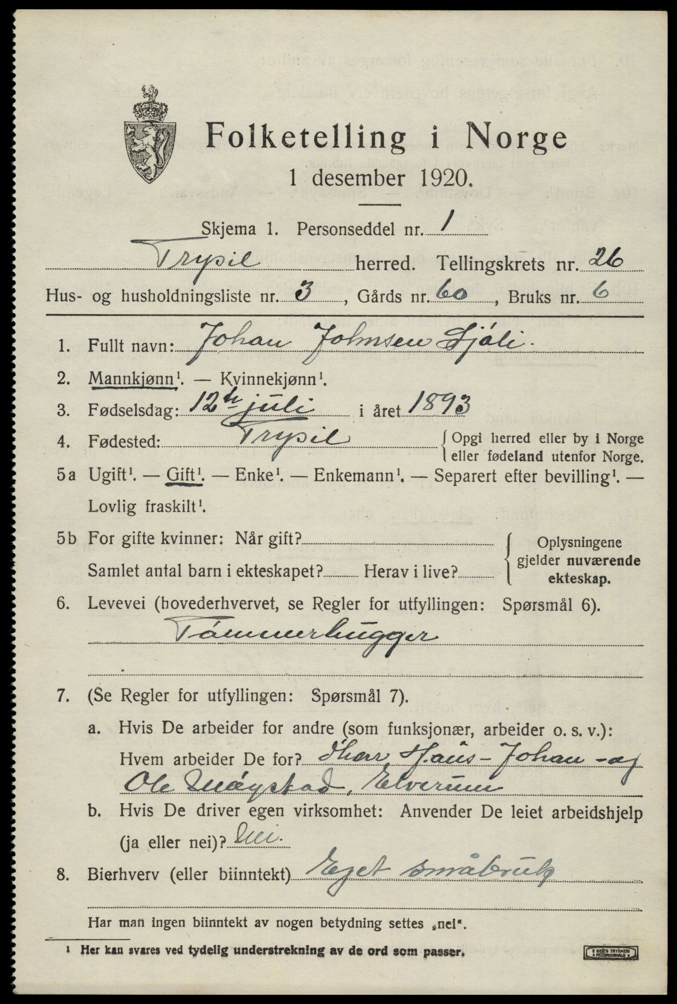 SAH, 1920 census for Trysil, 1920, p. 16143