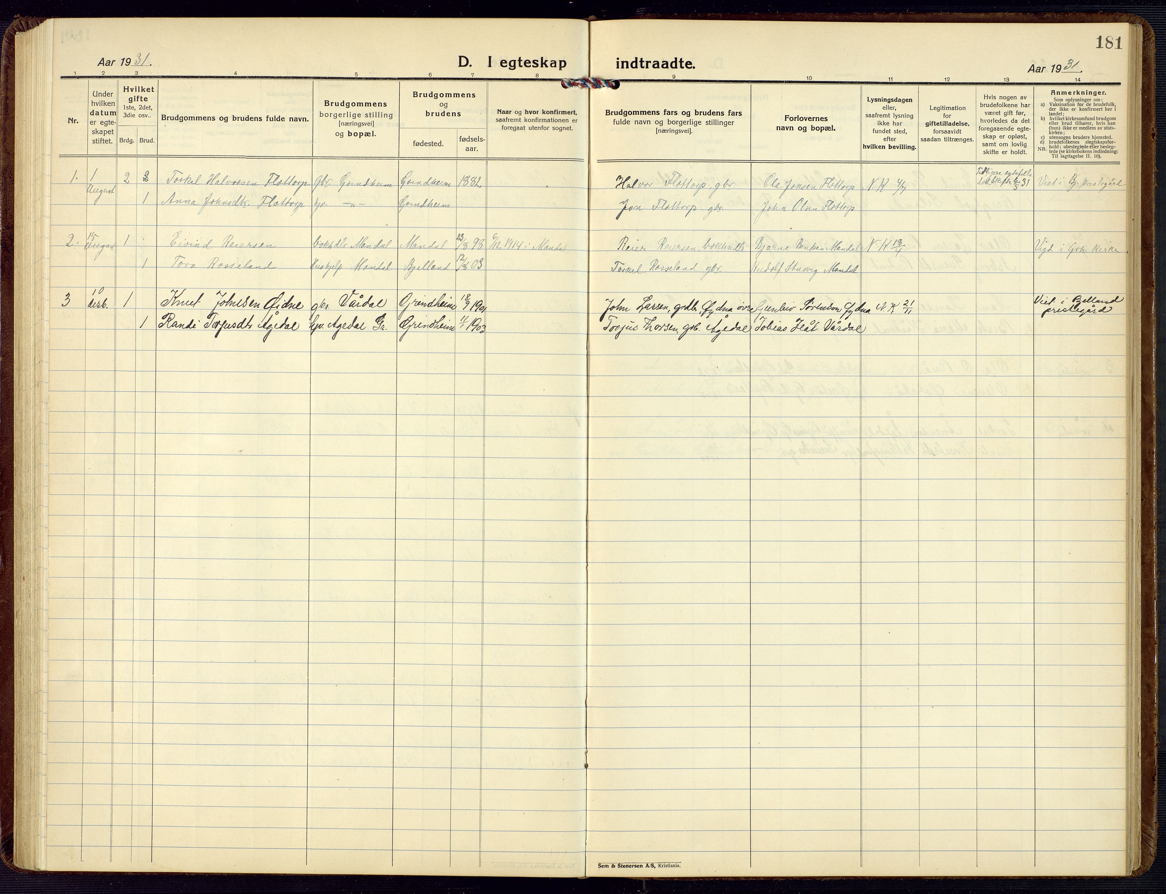 Bjelland sokneprestkontor, SAK/1111-0005/F/Fb/Fbc/L0004: Parish register (copy) no. B 4, 1921-1978, p. 181