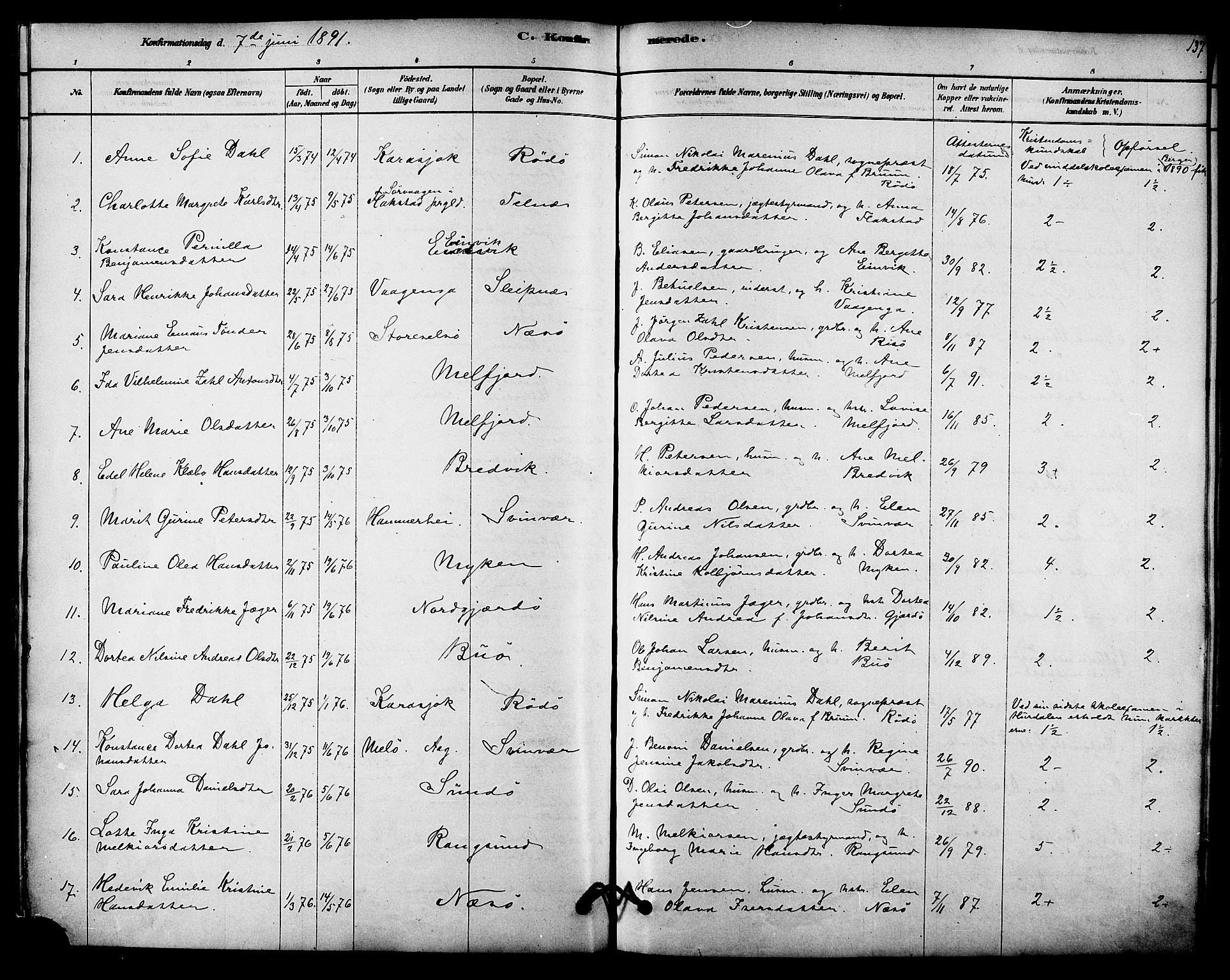 Ministerialprotokoller, klokkerbøker og fødselsregistre - Nordland, AV/SAT-A-1459/841/L0609: Parish register (official) no. 841A12, 1878-1901, p. 137