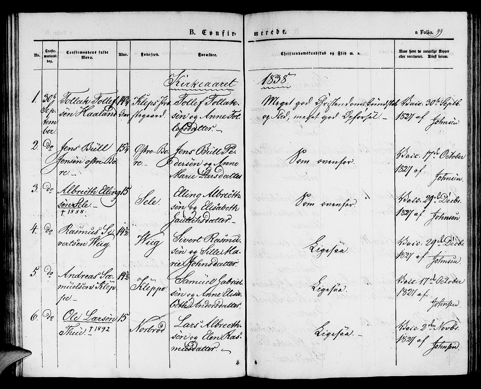 Klepp sokneprestkontor, SAST/A-101803/001/3/30BA/L0003: Parish register (official) no. A 3, 1833-1842, p. 99