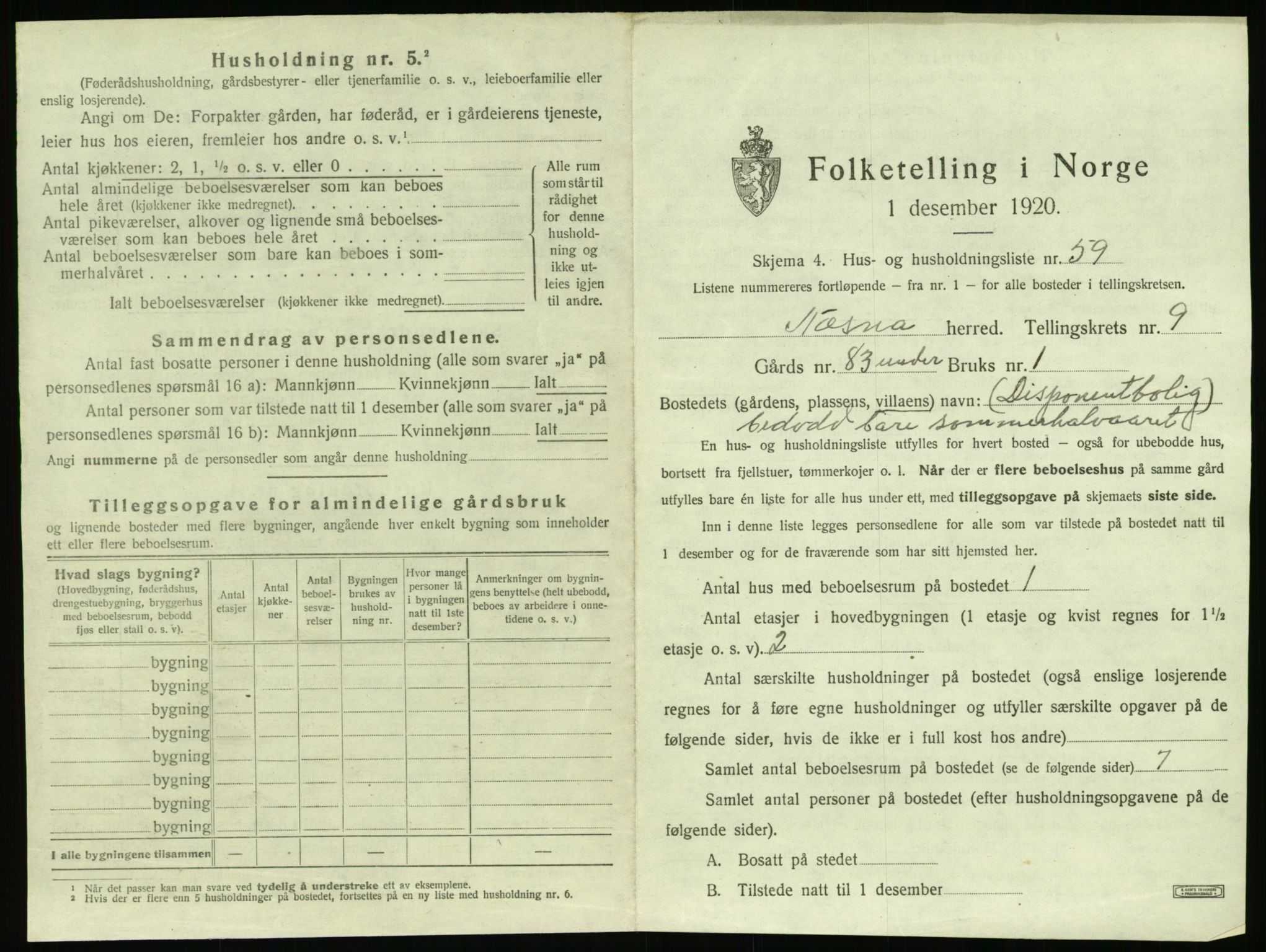 SAT, 1920 census for Nesna, 1920, p. 1185