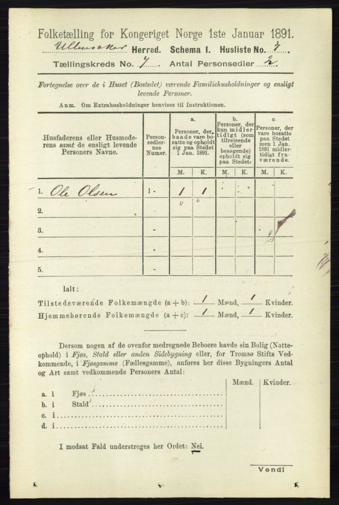 RA, 1891 census for 0235 Ullensaker, 1891, p. 3005