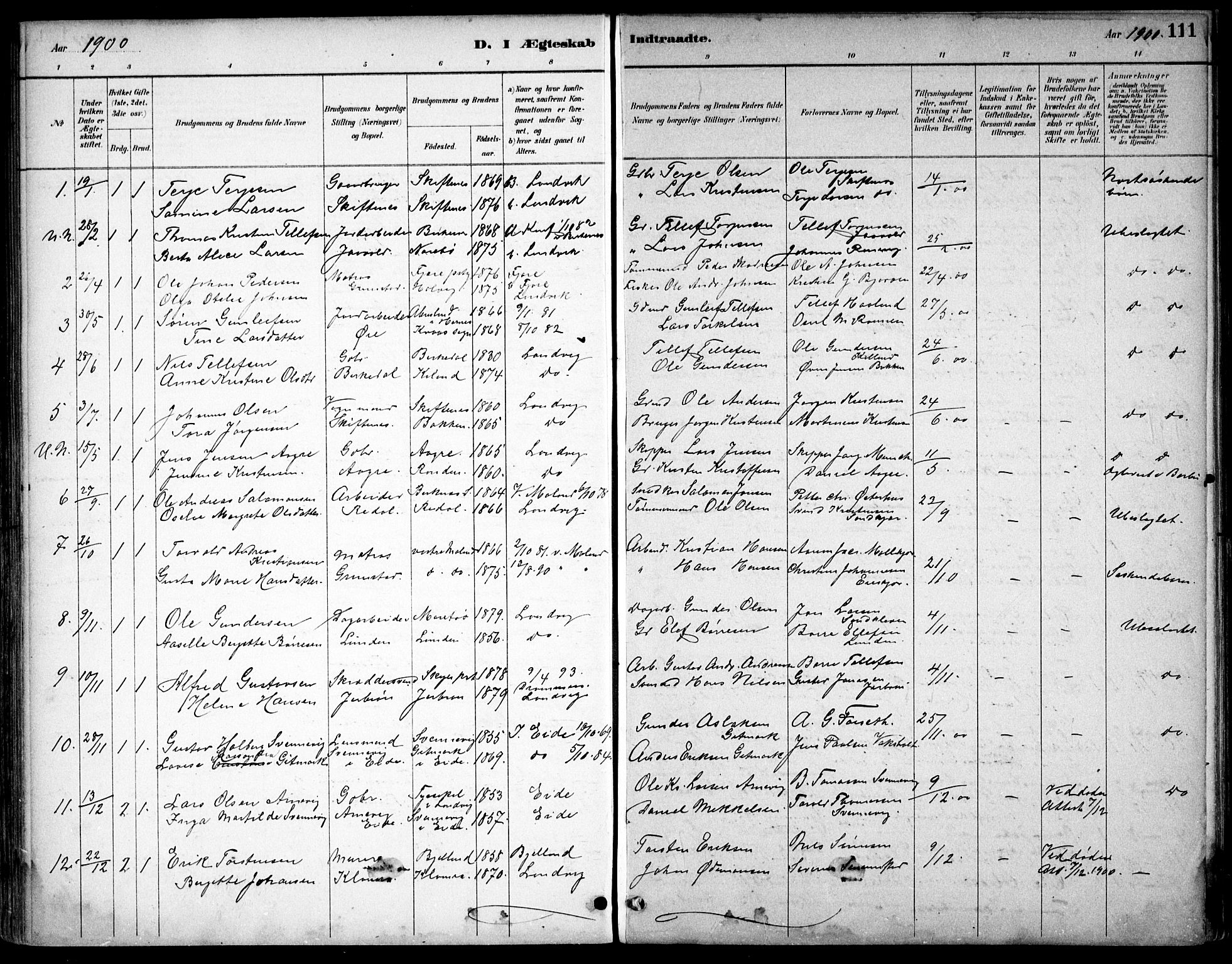 Hommedal sokneprestkontor, AV/SAK-1111-0023/F/Fb/Fbb/L0007: Parish register (copy) no. B 7, 1885-1904, p. 111