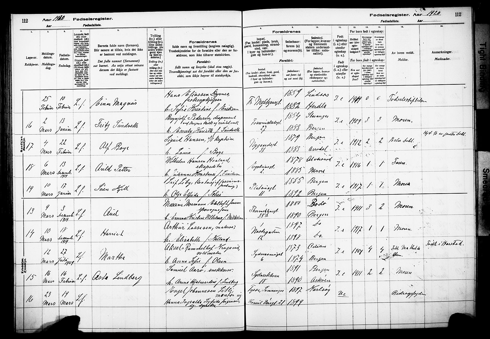Johanneskirken sokneprestembete, AV/SAB-A-76001/I/Id/L00A1: Birth register no. A 1, 1916-1924, p. 112
