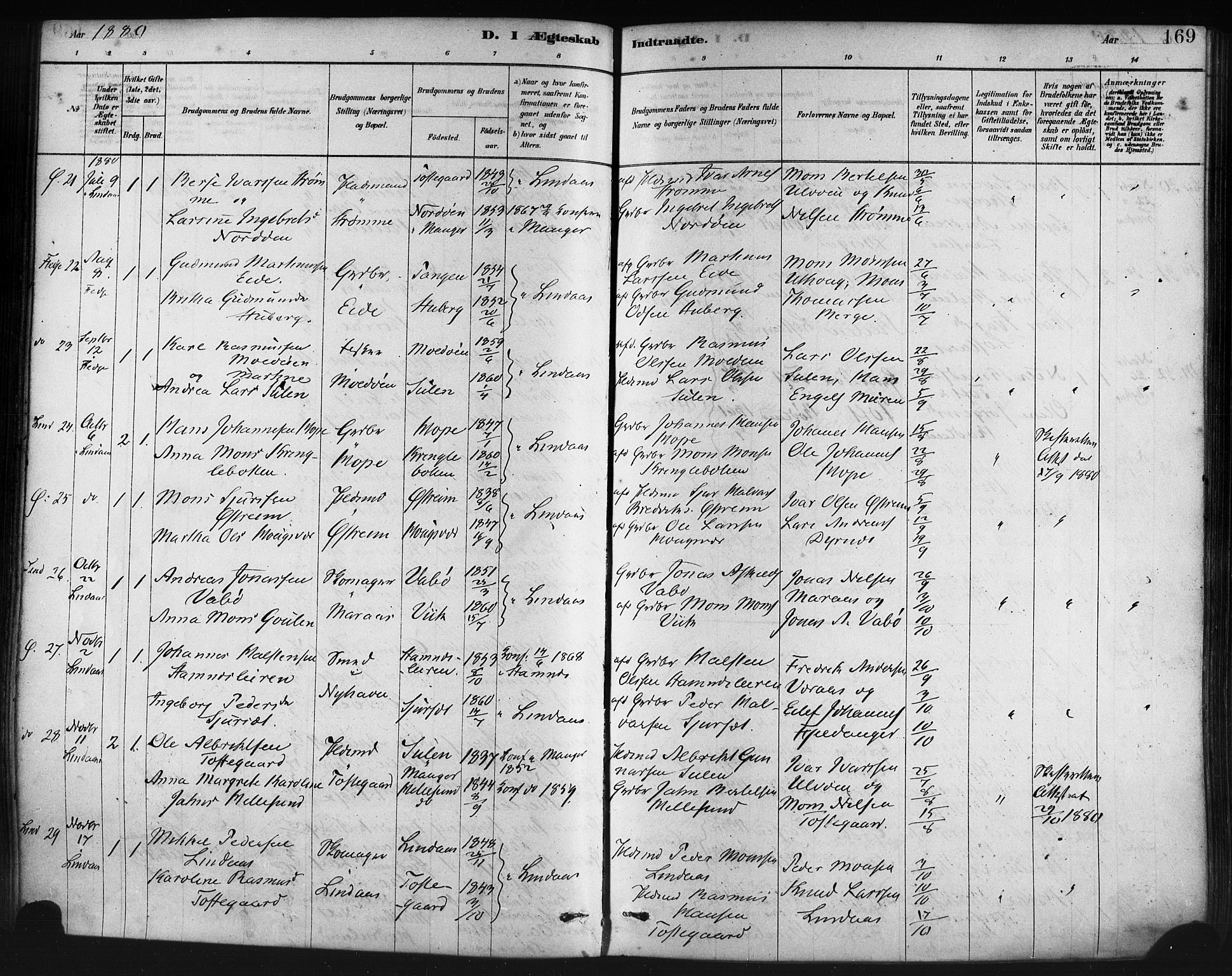 Lindås Sokneprestembete, SAB/A-76701/H/Haa: Parish register (official) no. A 19, 1878-1912, p. 169