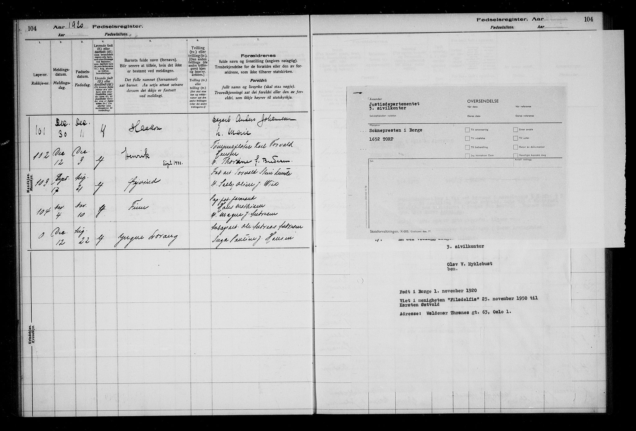 Borge prestekontor Kirkebøker, AV/SAO-A-10903/J/Ja/L0001: Birth register no. I 1, 1916-1925, p. 104