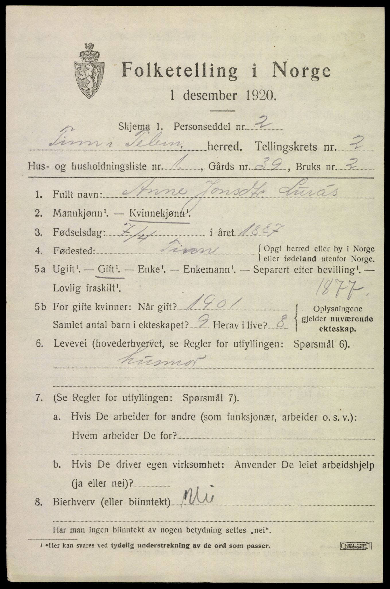 SAKO, 1920 census for Tinn, 1920, p. 3036