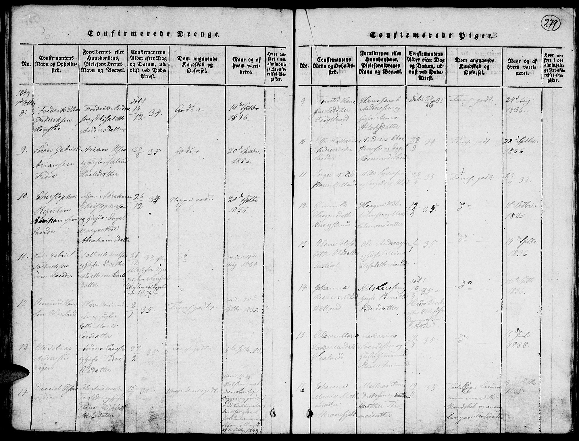 Kvinesdal sokneprestkontor, SAK/1111-0026/F/Fa/Faa/L0001: Parish register (official) no. A 1, 1815-1849, p. 279