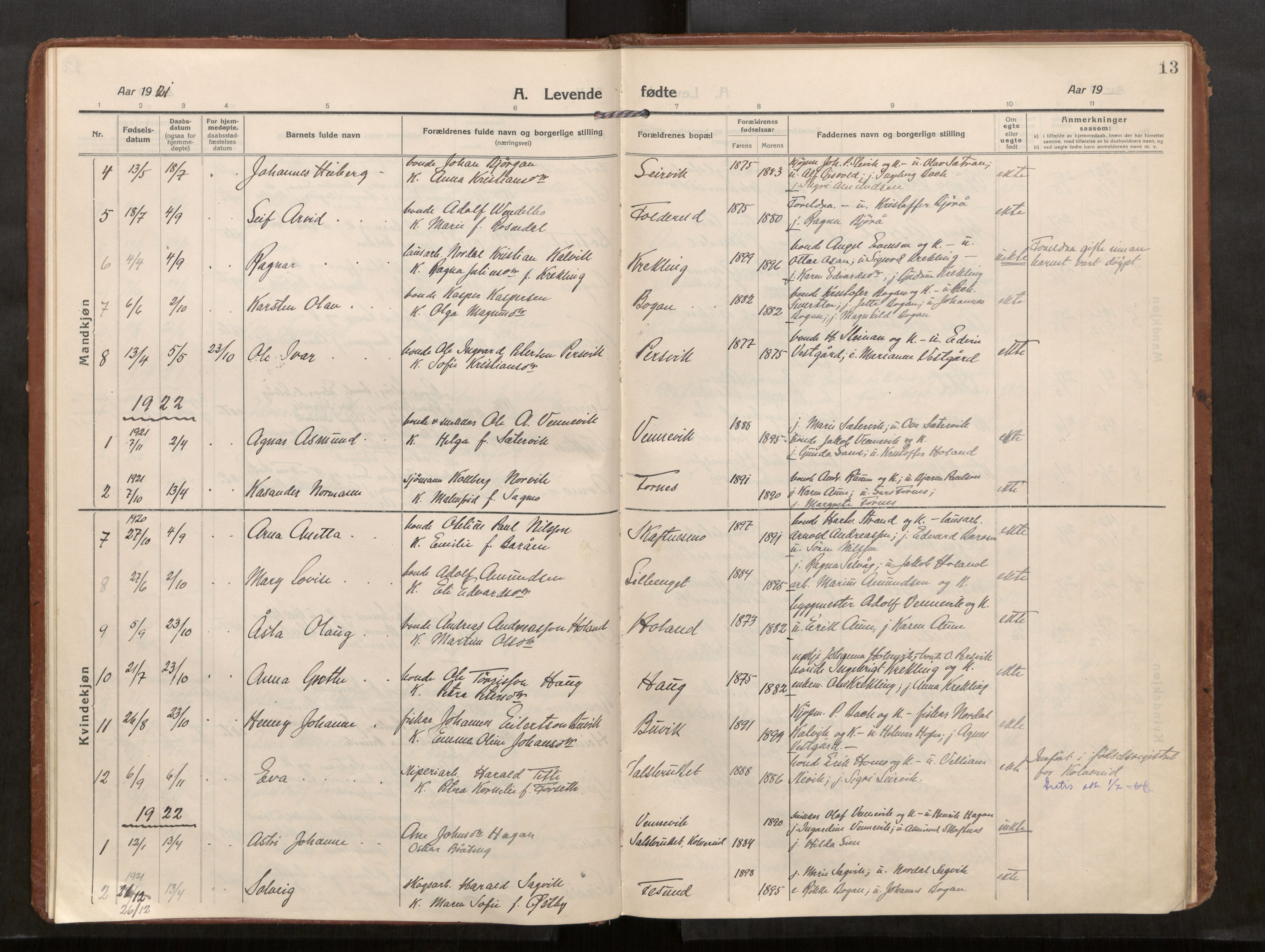 Kolvereid sokneprestkontor, SAT/A-1171/H/Ha/Haa/L0002: Parish register (official) no. 2, 1914-1926, p. 13
