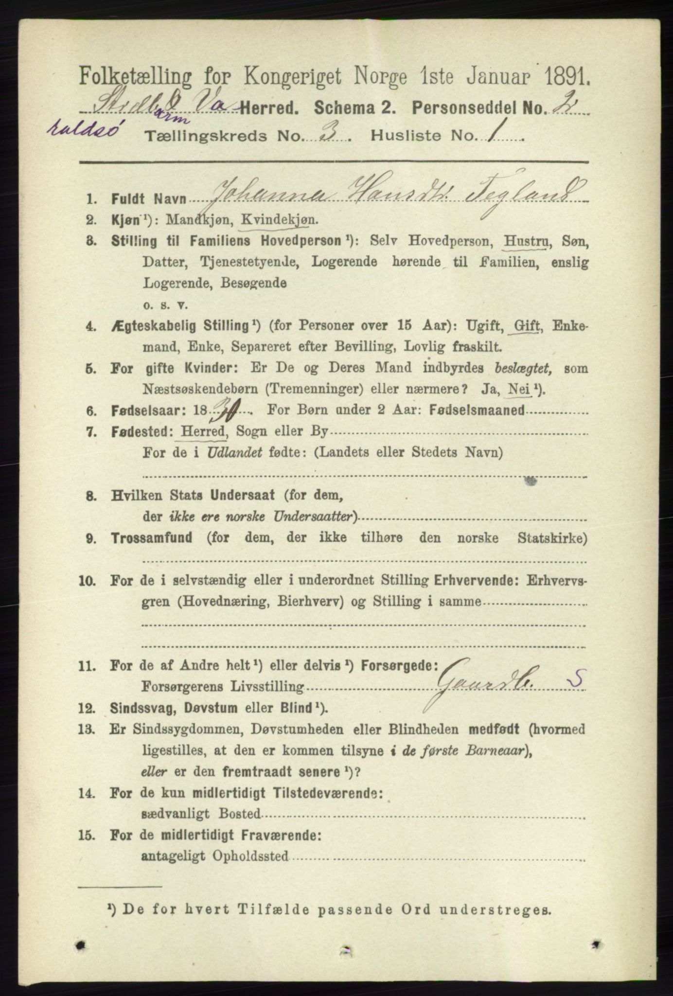 RA, 1891 census for 1226 Strandebarm og Varaldsøy, 1891, p. 1087