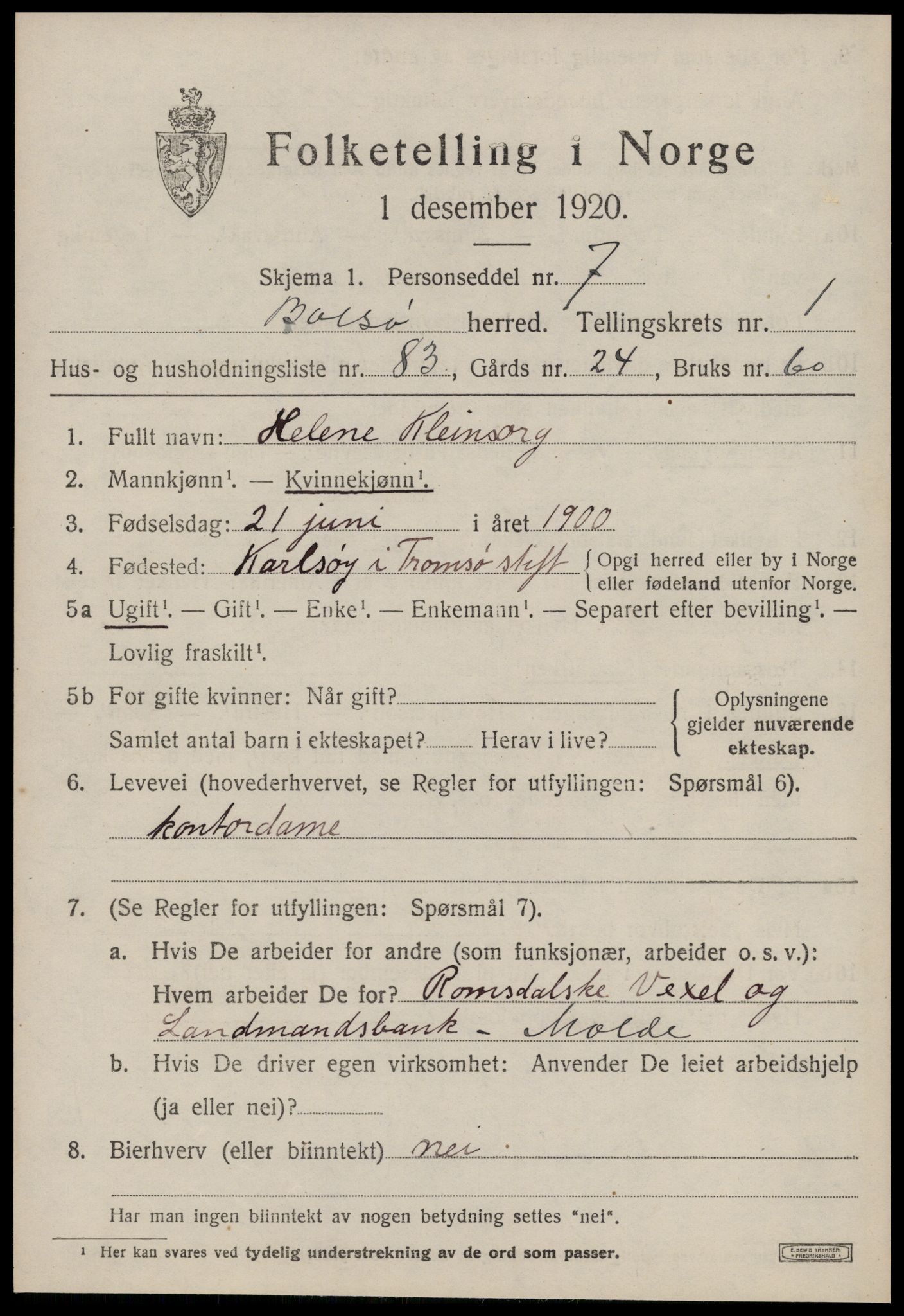 SAT, 1920 census for Bolsøy, 1920, p. 3047