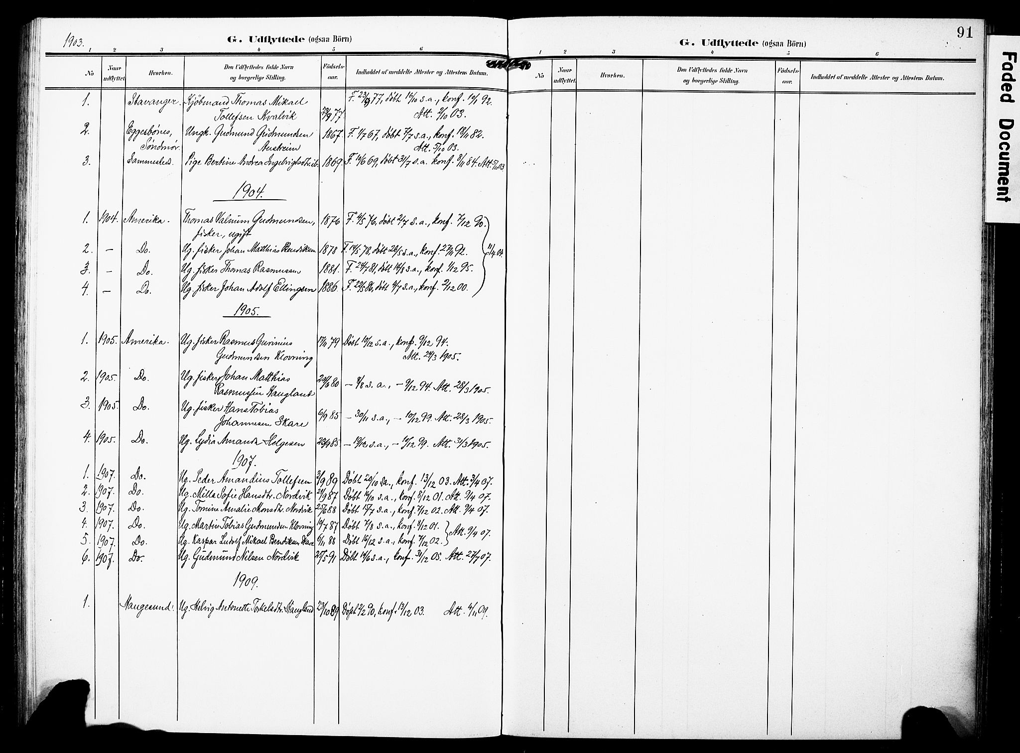Torvastad sokneprestkontor, SAST/A -101857/H/Ha/Haa/L0018: Parish register (official) no. A 17, 1903-1925, p. 91