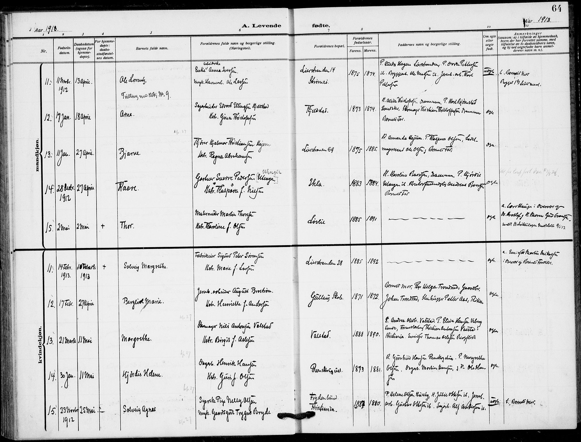 Lier kirkebøker, SAKO/A-230/F/Fa/L0018: Parish register (official) no. I 18, 1909-1917, p. 64