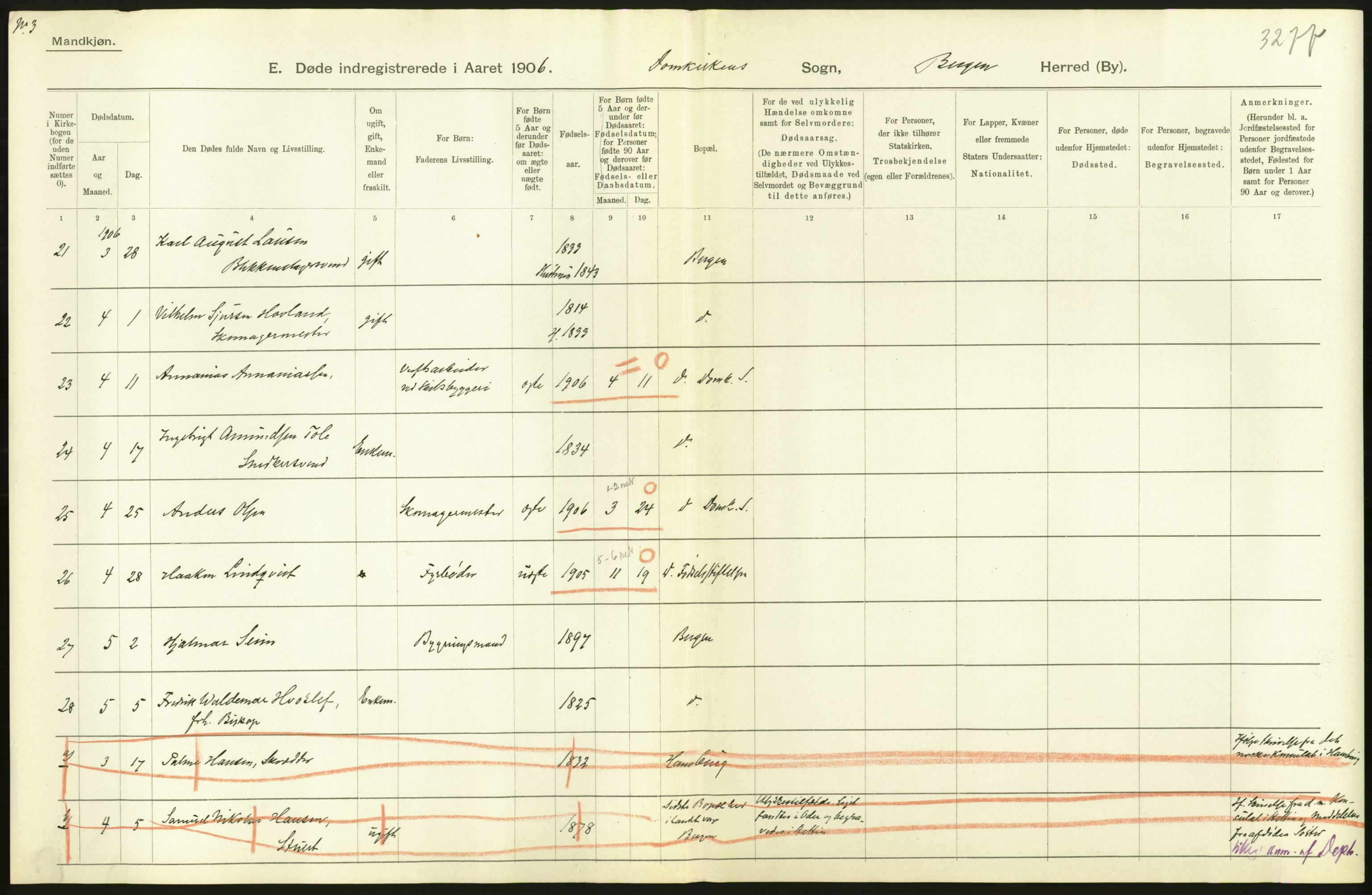 Statistisk sentralbyrå, Sosiodemografiske emner, Befolkning, AV/RA-S-2228/D/Df/Dfa/Dfad/L0032: Bergen: Gifte, døde, dødfødte., 1906, p. 10