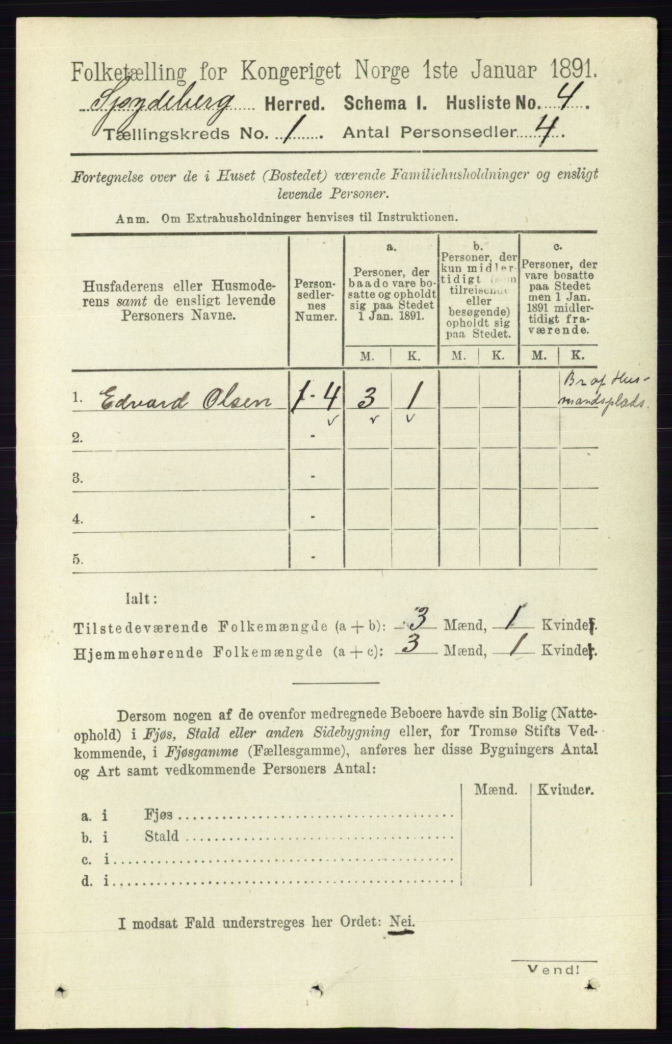 RA, 1891 census for 0123 Spydeberg, 1891, p. 39