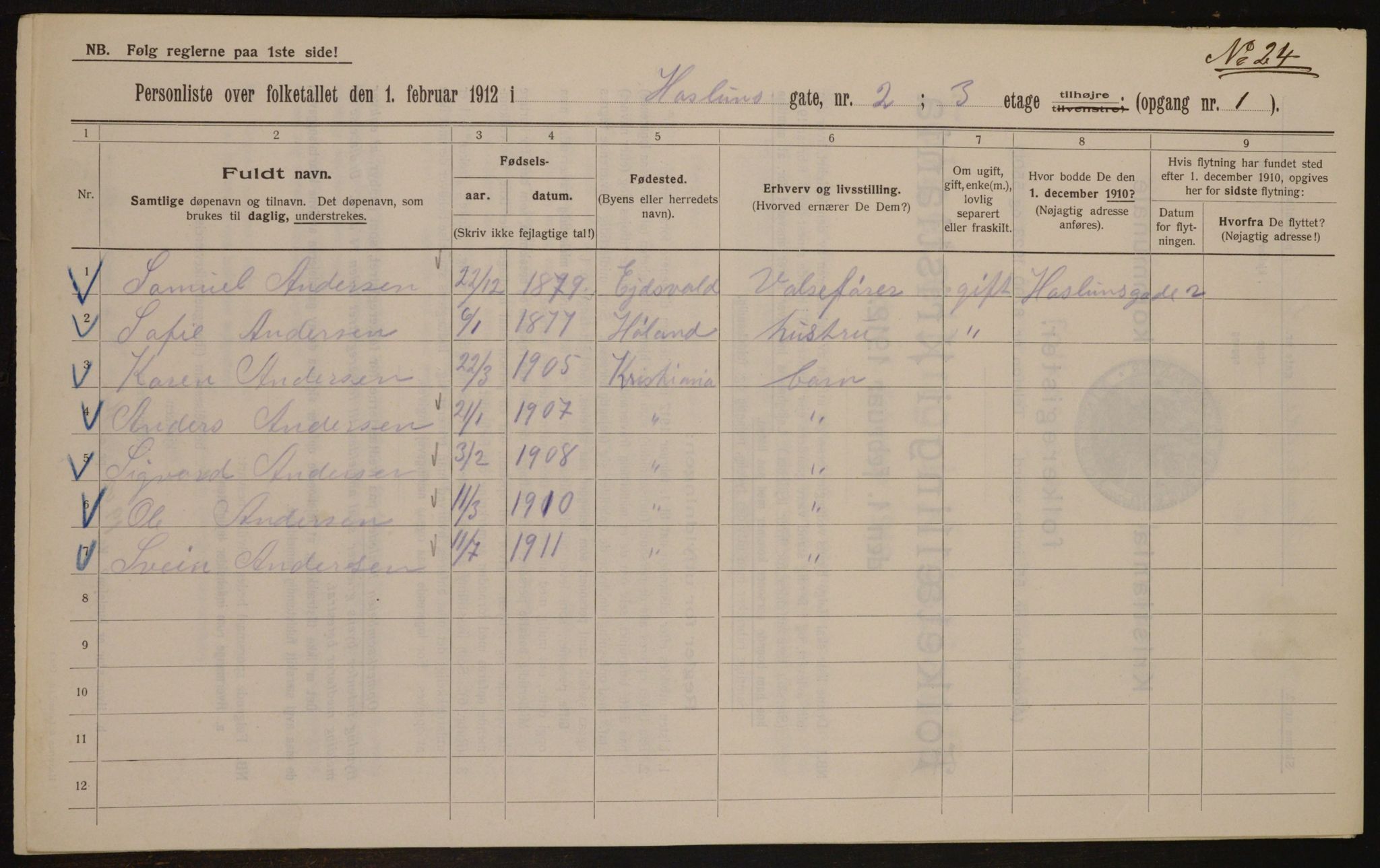 OBA, Municipal Census 1912 for Kristiania, 1912, p. 35274