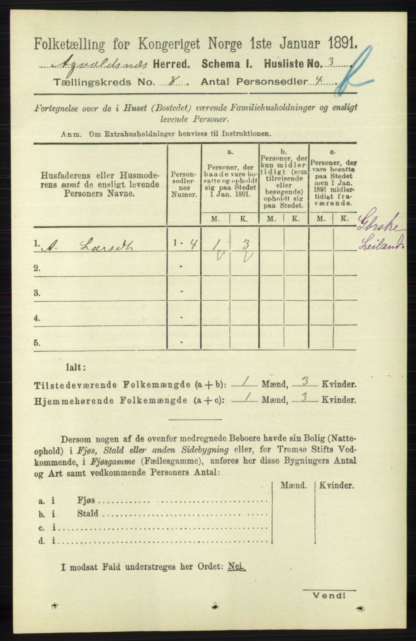 RA, 1891 census for 1147 Avaldsnes, 1891, p. 4065