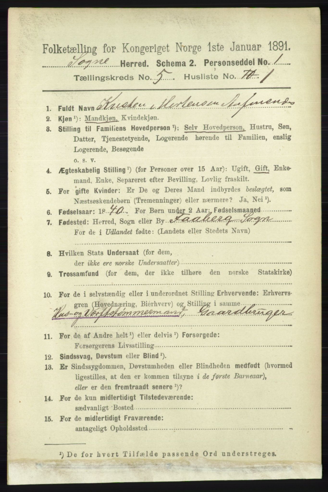 RA, 1891 census for 1018 Søgne, 1891, p. 908