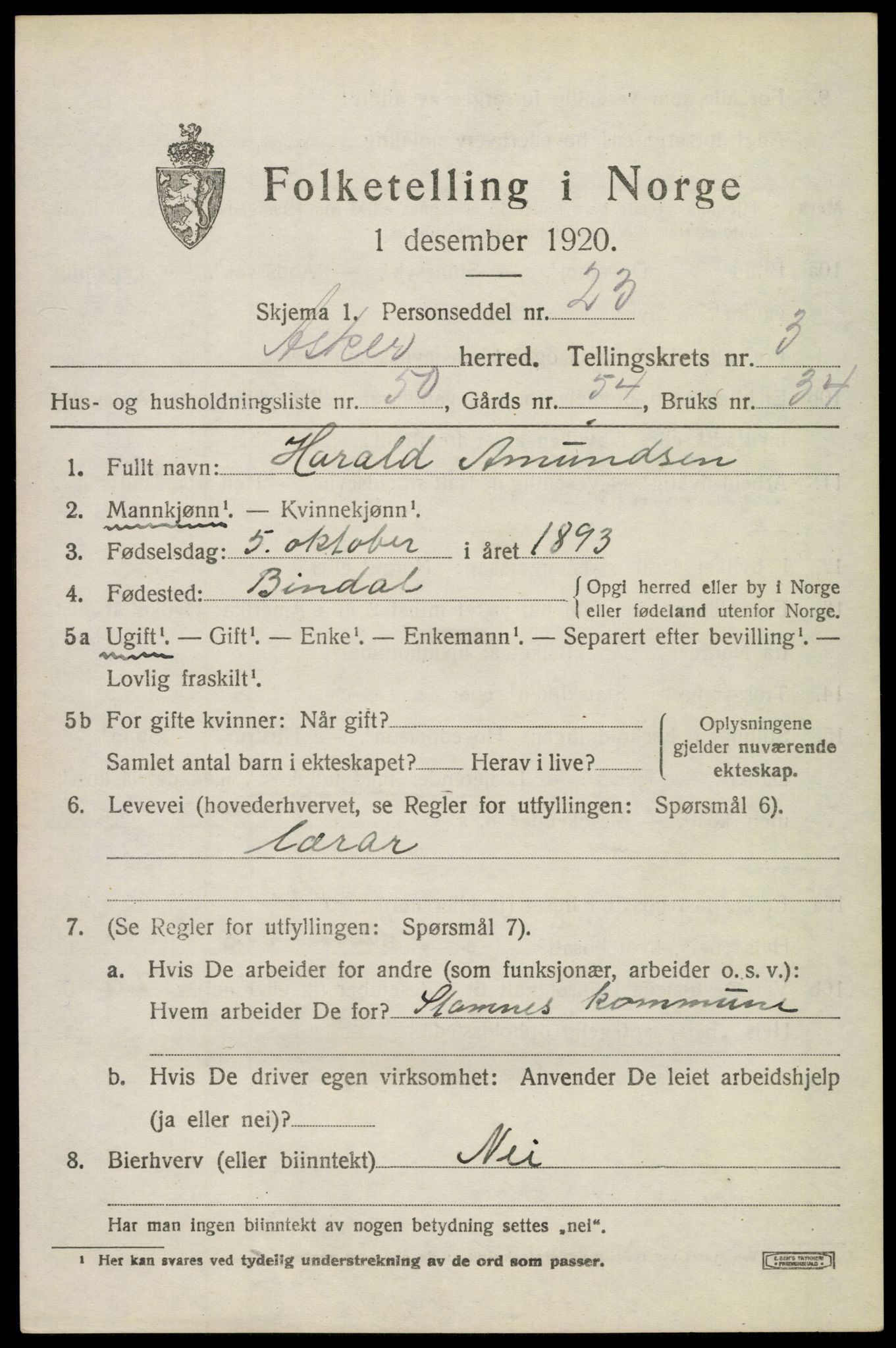 SAO, 1920 census for Asker, 1920, p. 8820