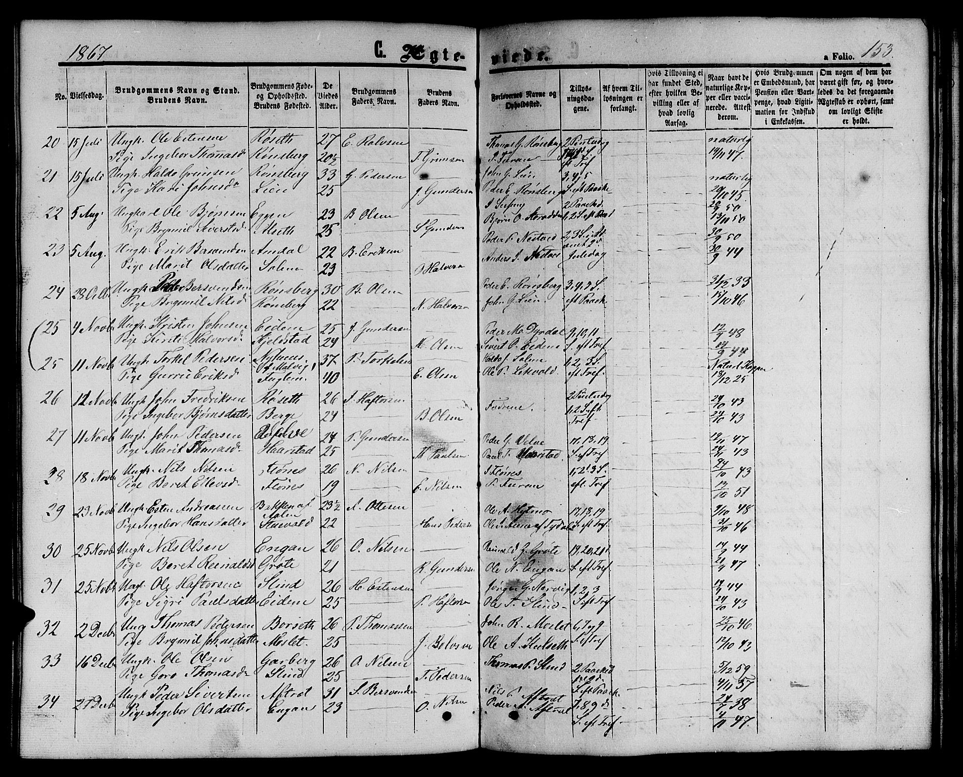 Ministerialprotokoller, klokkerbøker og fødselsregistre - Sør-Trøndelag, SAT/A-1456/695/L1155: Parish register (copy) no. 695C06, 1859-1868, p. 153