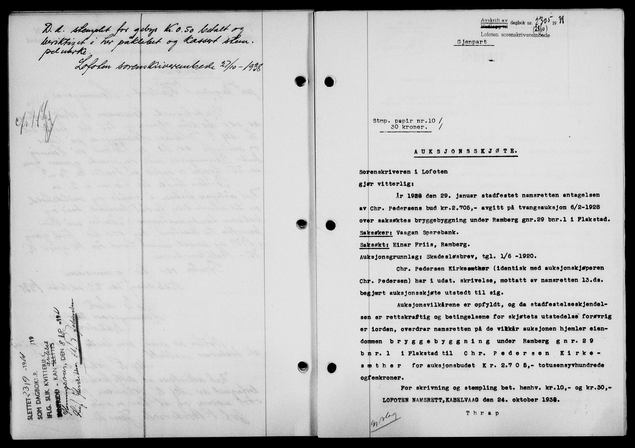 Lofoten sorenskriveri, SAT/A-0017/1/2/2C/L0004a: Mortgage book no. 4a, 1938-1938, Diary no: : 2305/1938