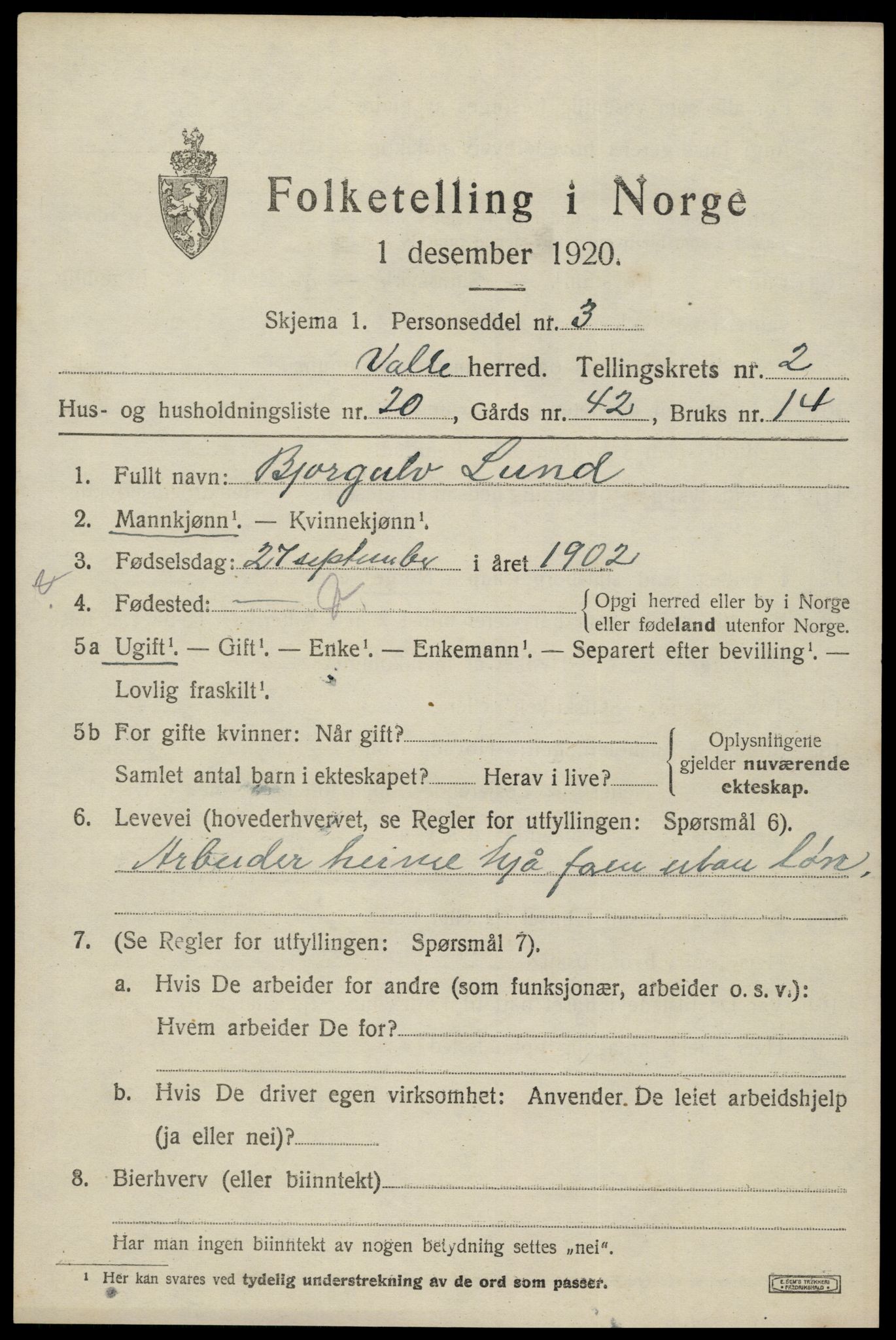 SAK, 1920 census for Valle, 1920, p. 1157