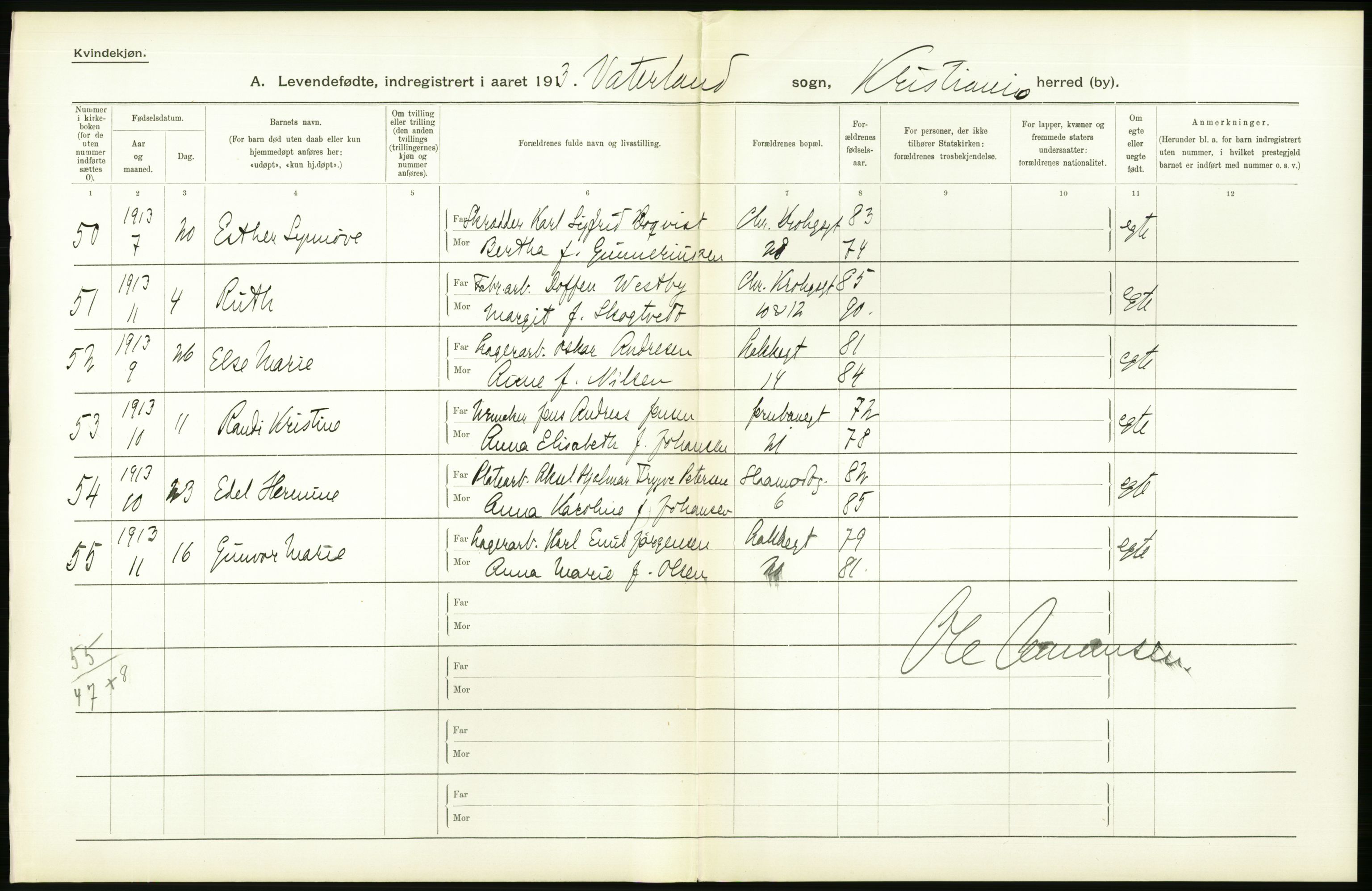 Statistisk sentralbyrå, Sosiodemografiske emner, Befolkning, AV/RA-S-2228/D/Df/Dfb/Dfbc/L0007: Kristiania: Levendefødte menn og kvinner., 1913, p. 536