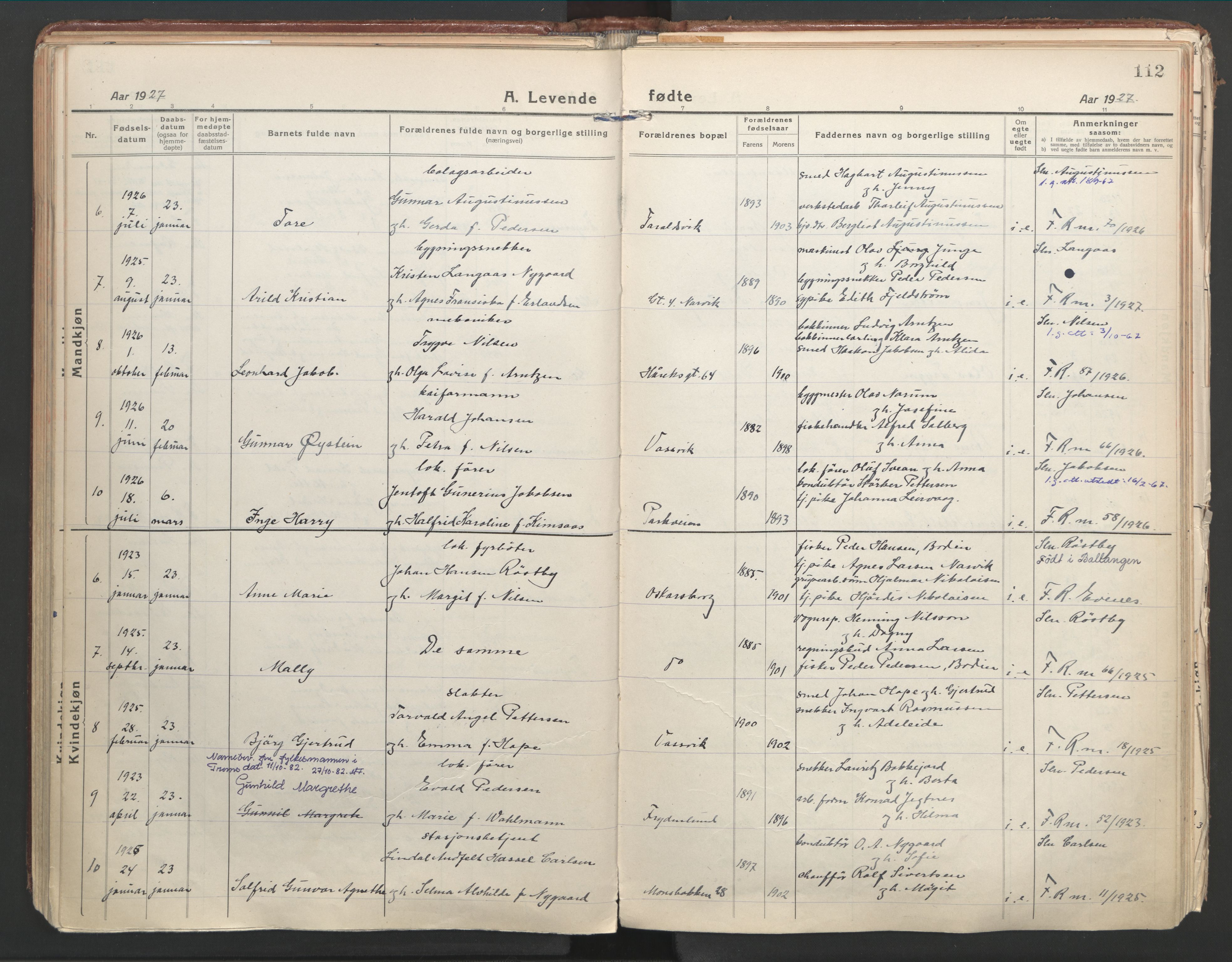 Ministerialprotokoller, klokkerbøker og fødselsregistre - Nordland, AV/SAT-A-1459/871/L1003: Parish register (official) no. 871A19, 1921-1930, p. 112