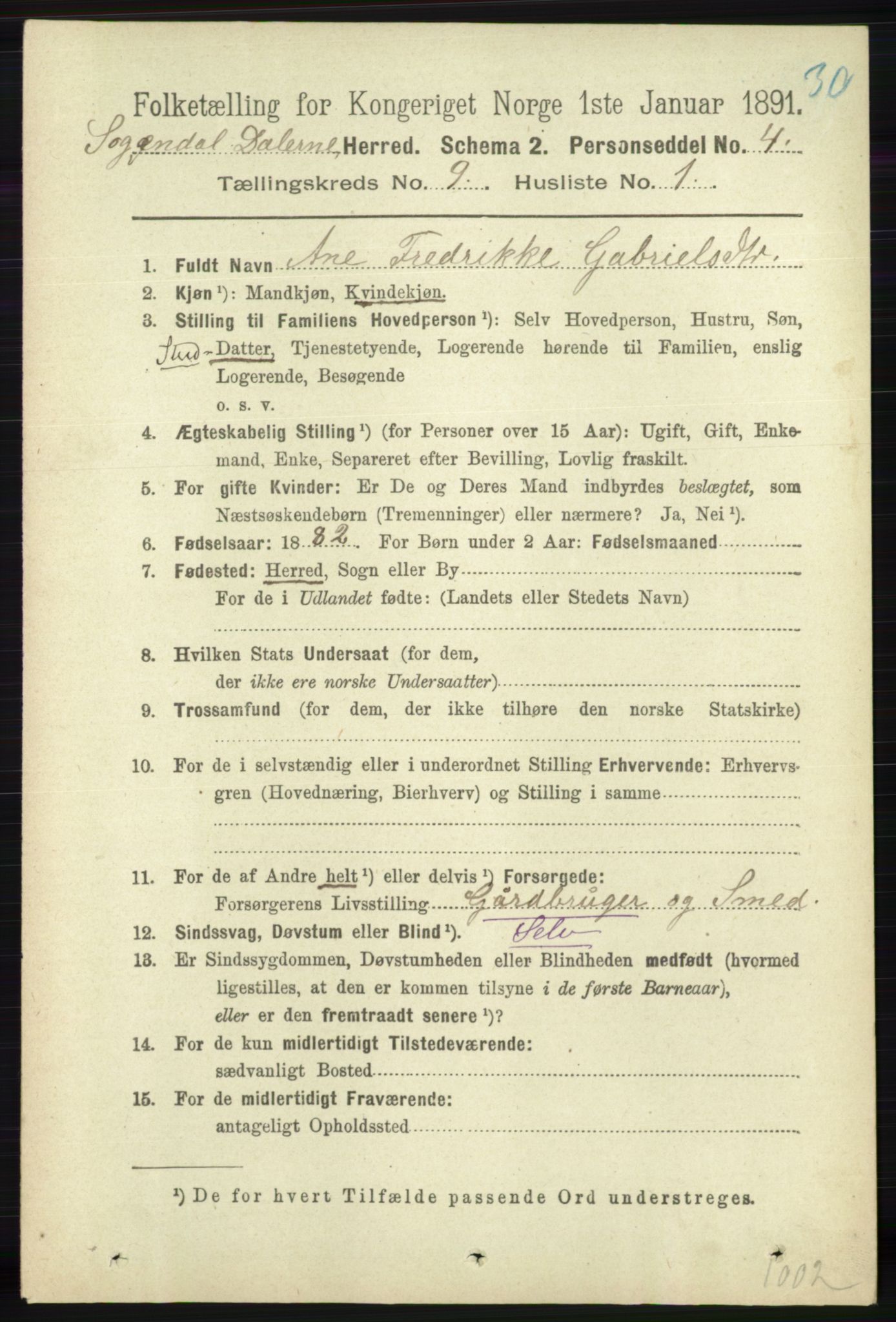 RA, 1891 census for 1111 Sokndal, 1891, p. 3157