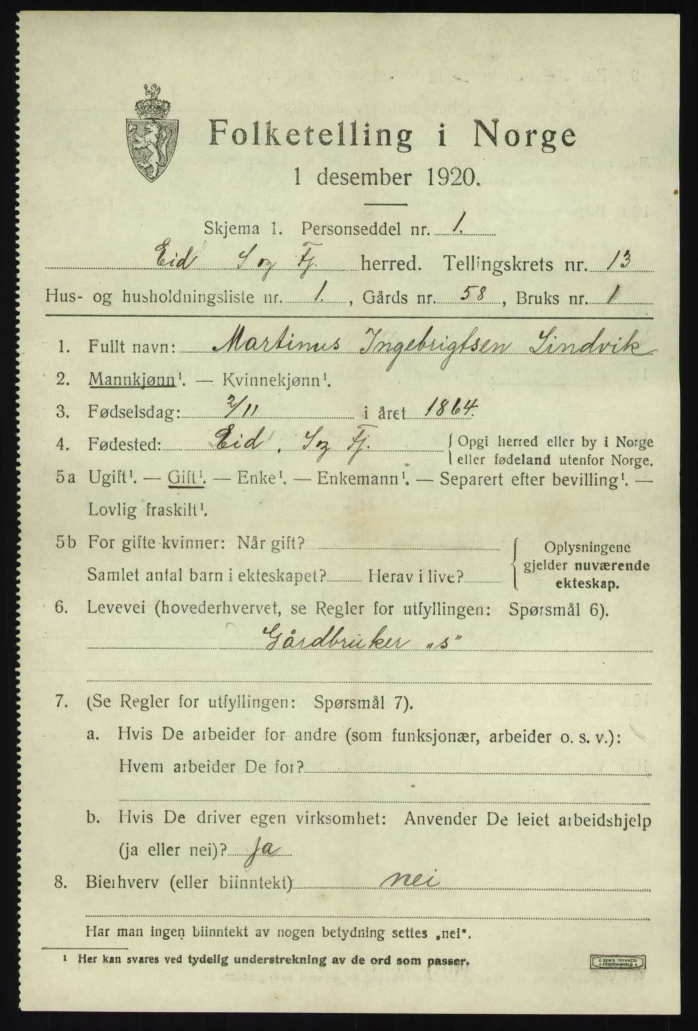 SAB, 1920 census for Eid, 1920, p. 7760