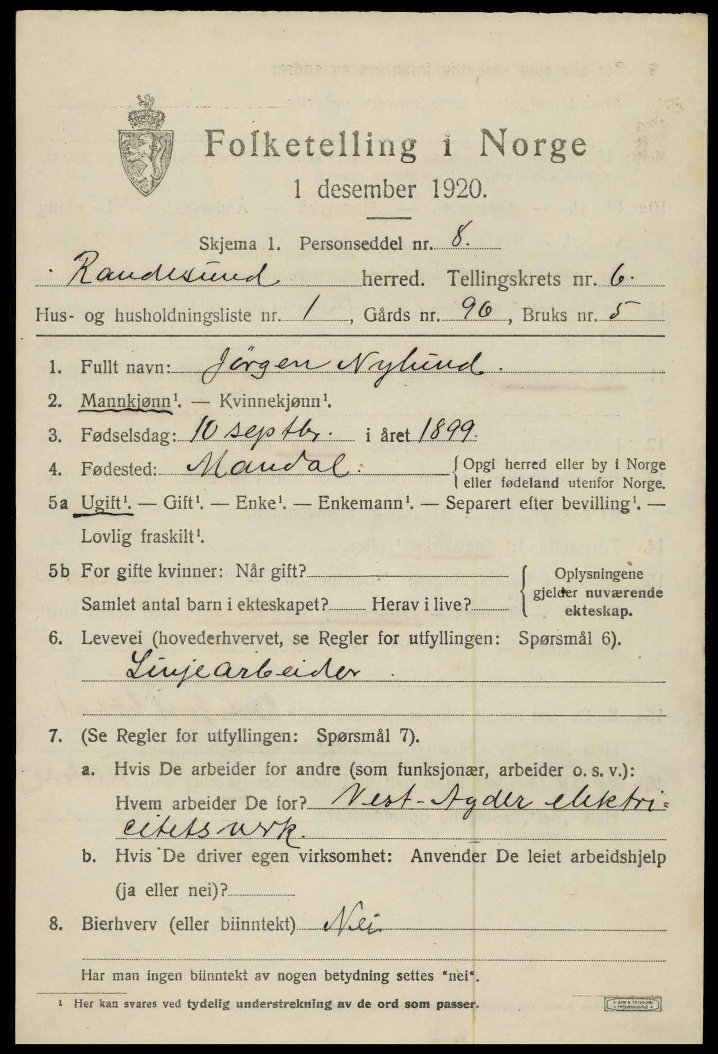 SAK, 1920 census for Randesund, 1920, p. 2760