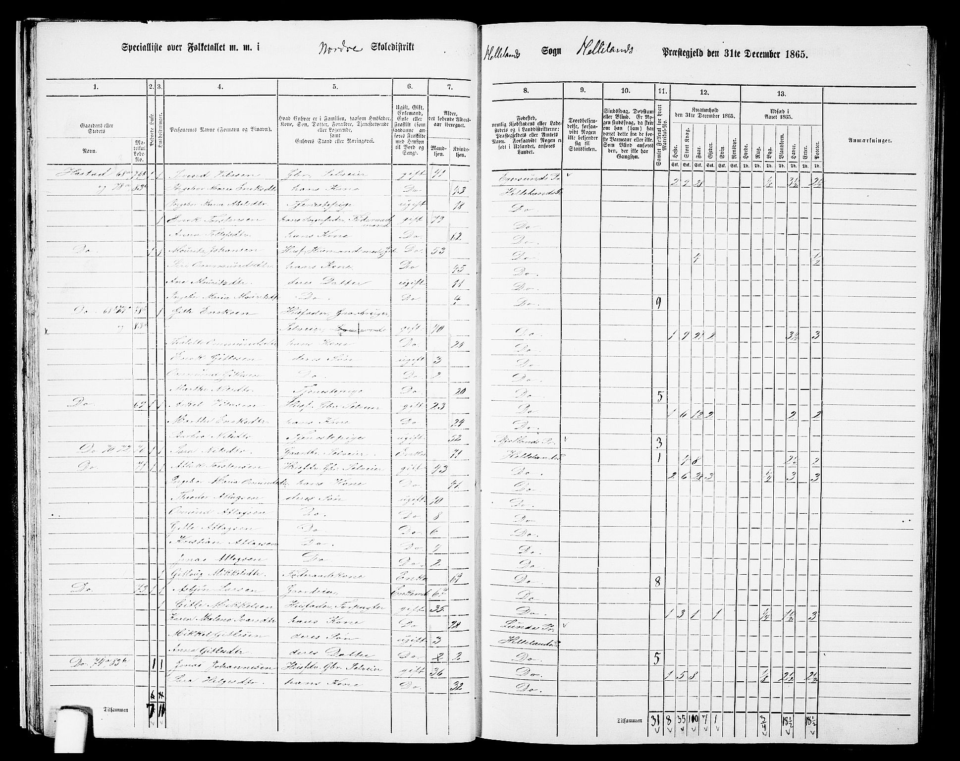 RA, 1865 census for Helleland, 1865, p. 27