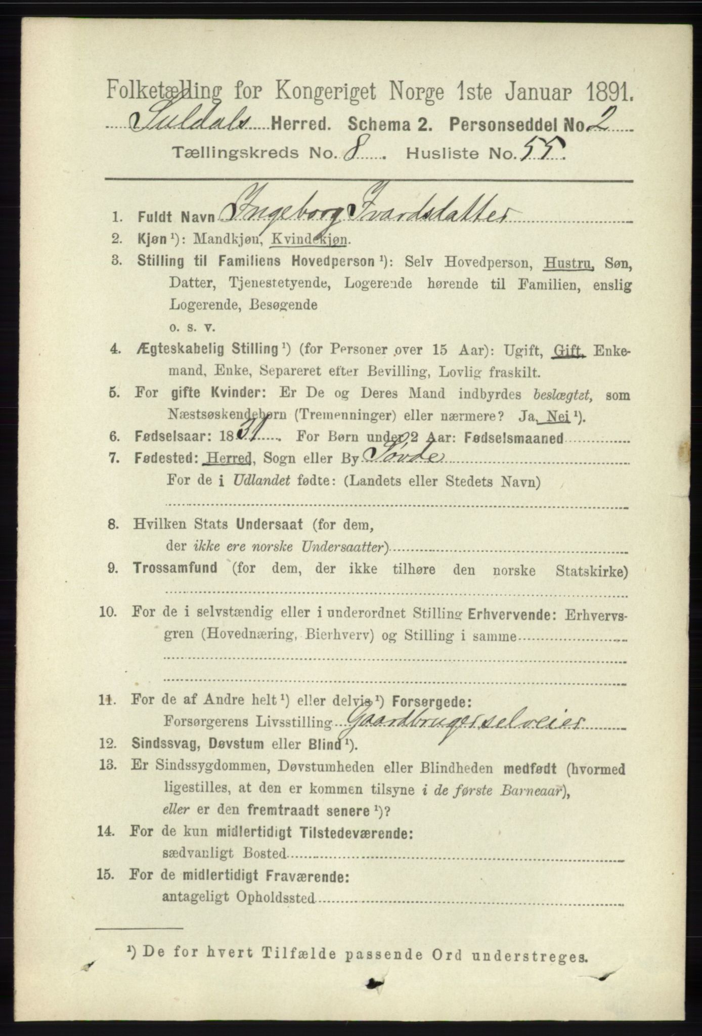 RA, 1891 census for 1134 Suldal, 1891, p. 2619