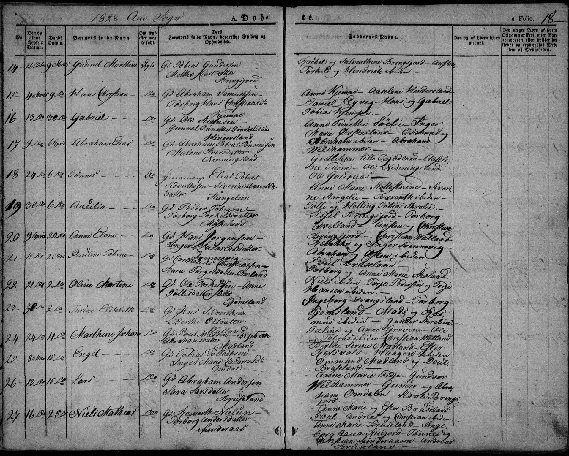 Lyngdal sokneprestkontor, AV/SAK-1111-0029/F/Fa/Fac/L0007: Parish register (official) no. A 7, 1825-1838, p. 18