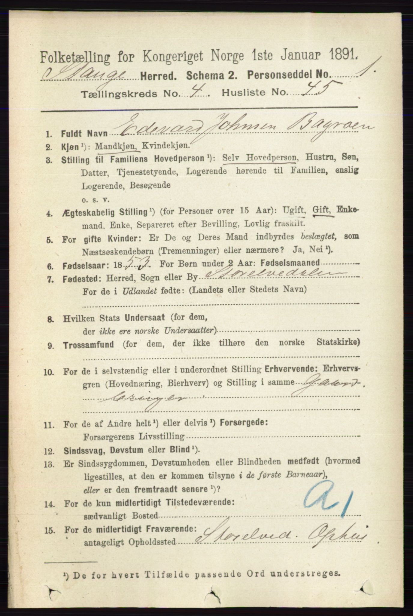 RA, 1891 census for 0417 Stange, 1891, p. 2702