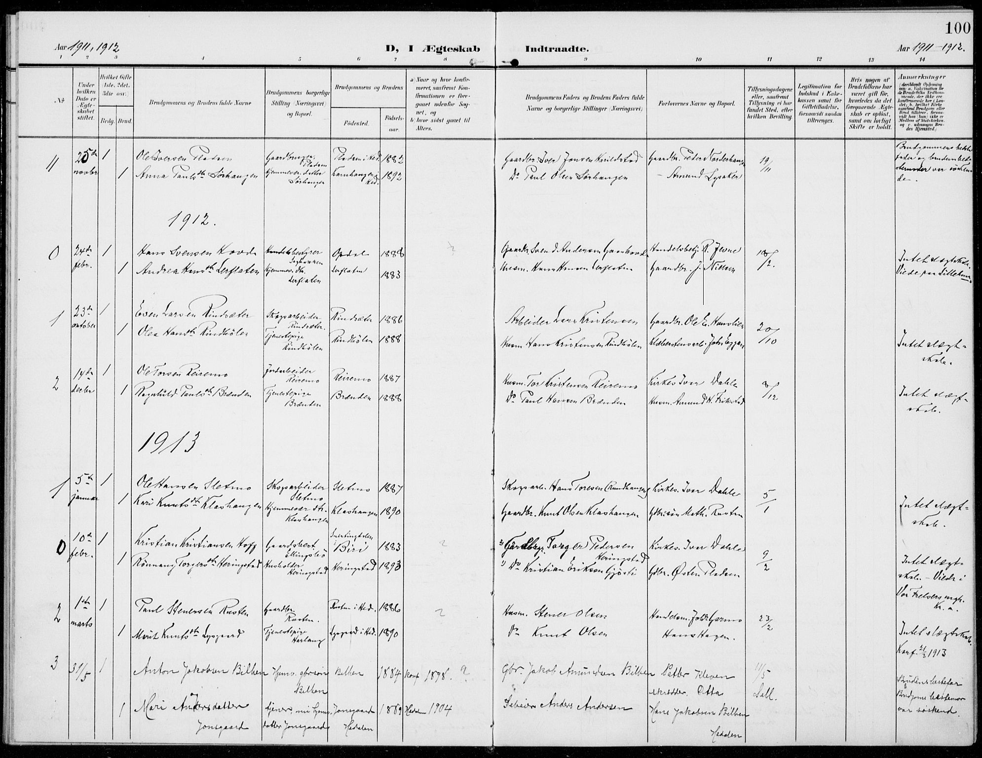 Sel prestekontor, SAH/PREST-074/H/Ha/Haa/L0001: Parish register (official) no. 1, 1905-1922, p. 100