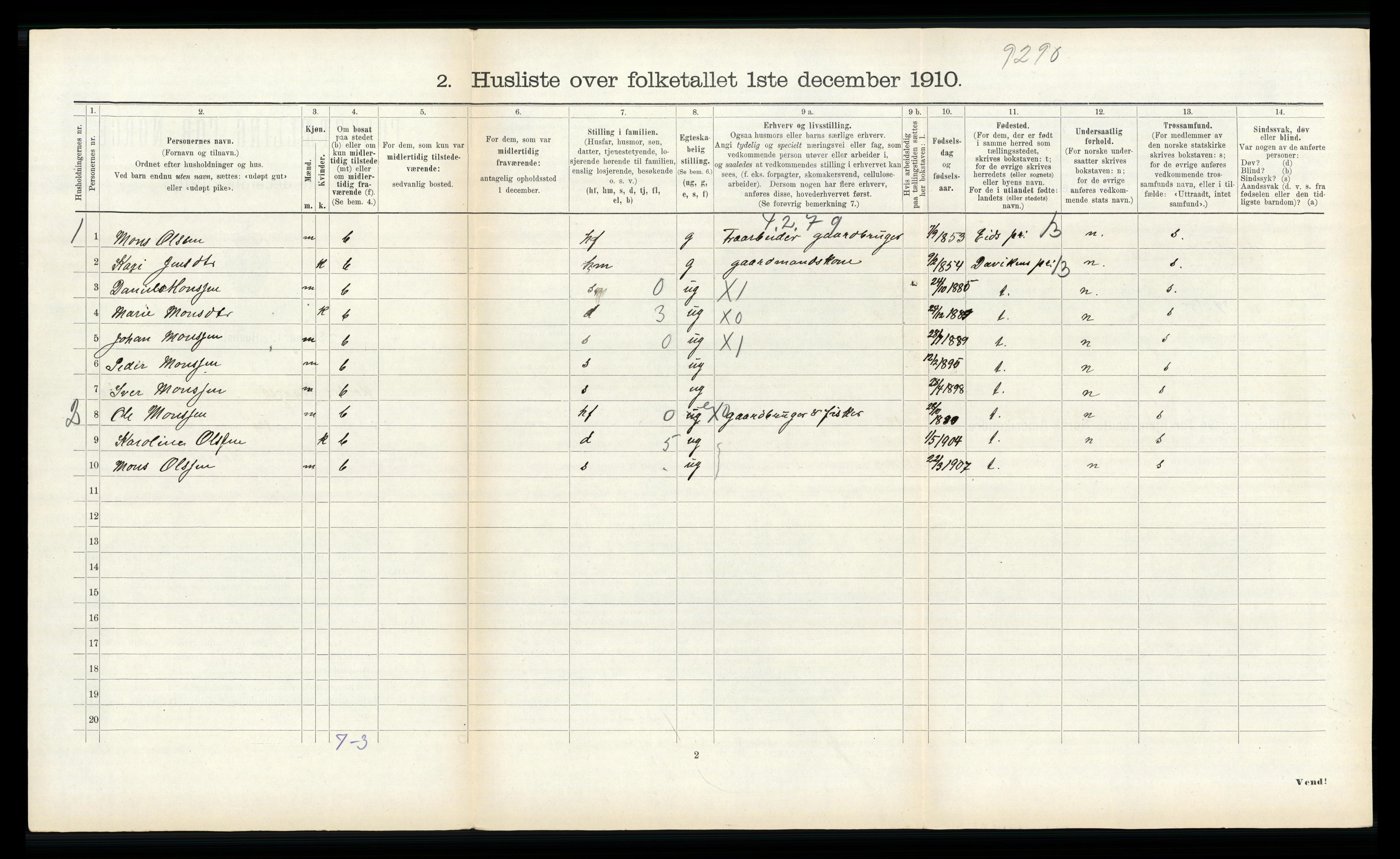 RA, 1910 census for Nord-Vågsøy, 1910, p. 122