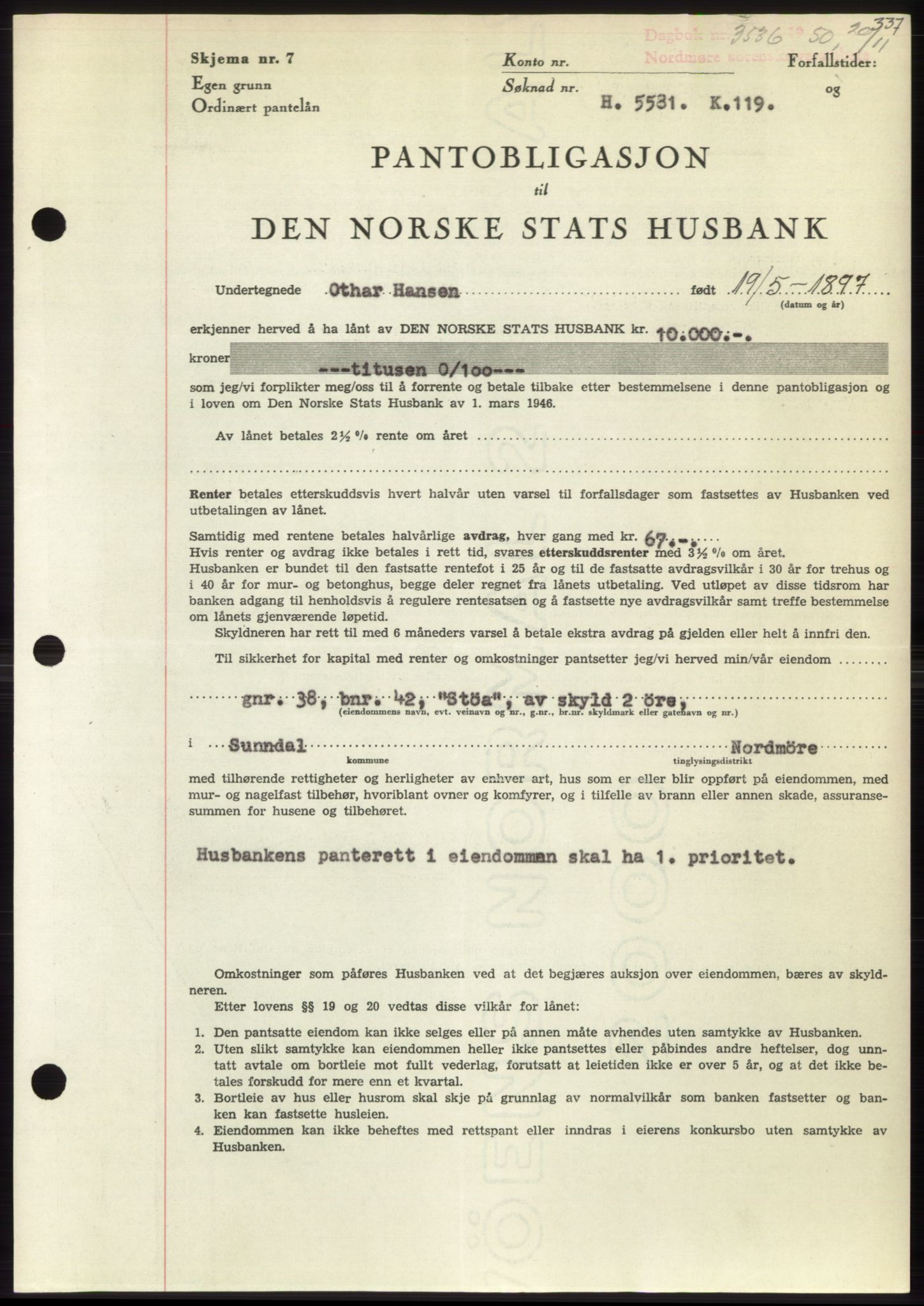 Nordmøre sorenskriveri, AV/SAT-A-4132/1/2/2Ca: Mortgage book no. B106, 1950-1950, Diary no: : 3536/1950